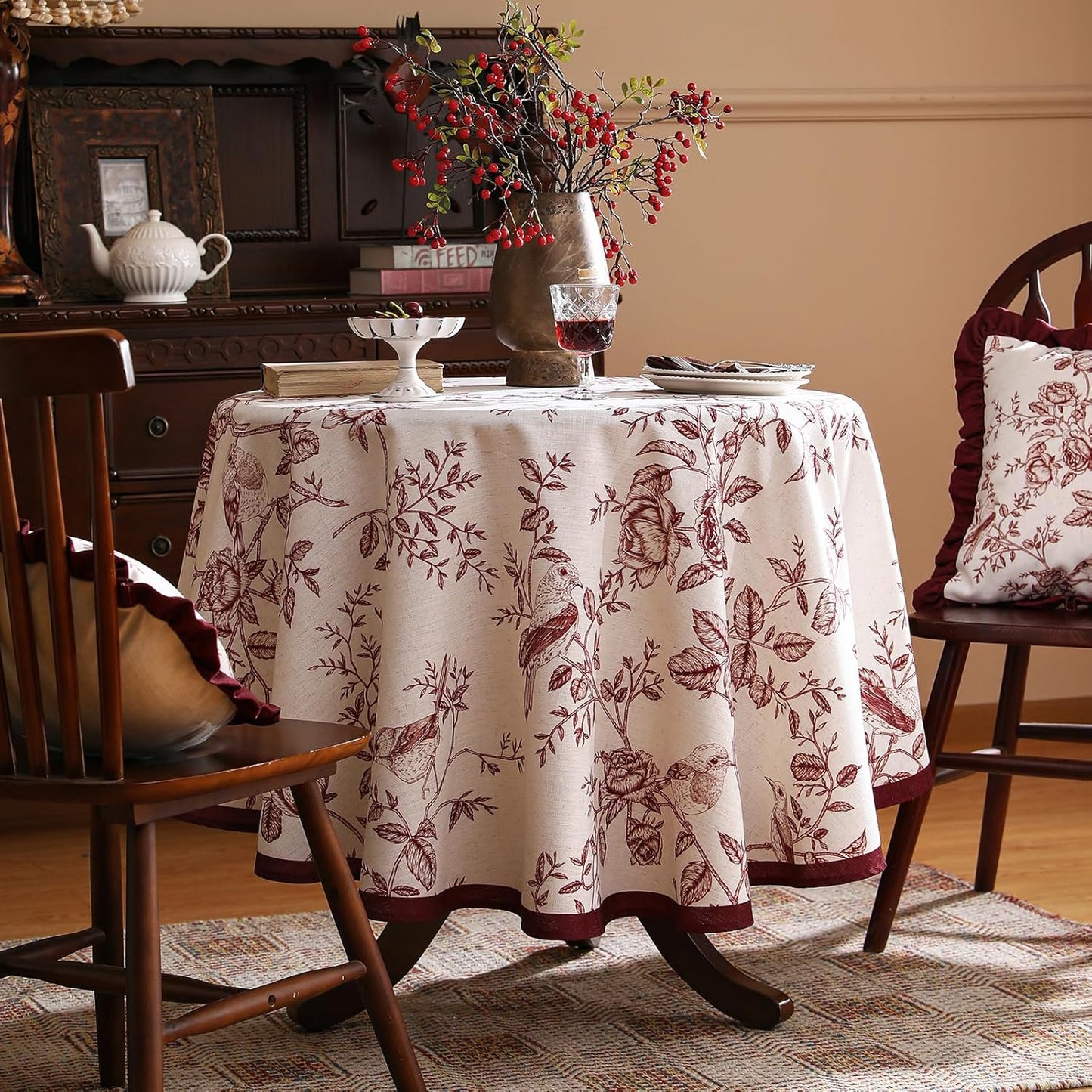 ISAENNE Designer Vintage Linen Round Tablecloth,Red Floral Pattern Linen Stain Resistant Table Cloth,Decor Tablecloths for Dining Thanksgiving Kitchen Christmas,Diameter 67"-Harmony