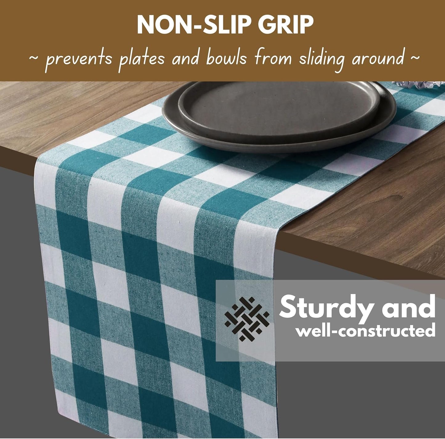 Native Fab Table Runner Buffalo Check Plaid 100% Cotton - 13x72 Inches Kitchen Dining Table Decoration for Indoor Outdoor Farmhouse Home Party Decor - Teal Green and White