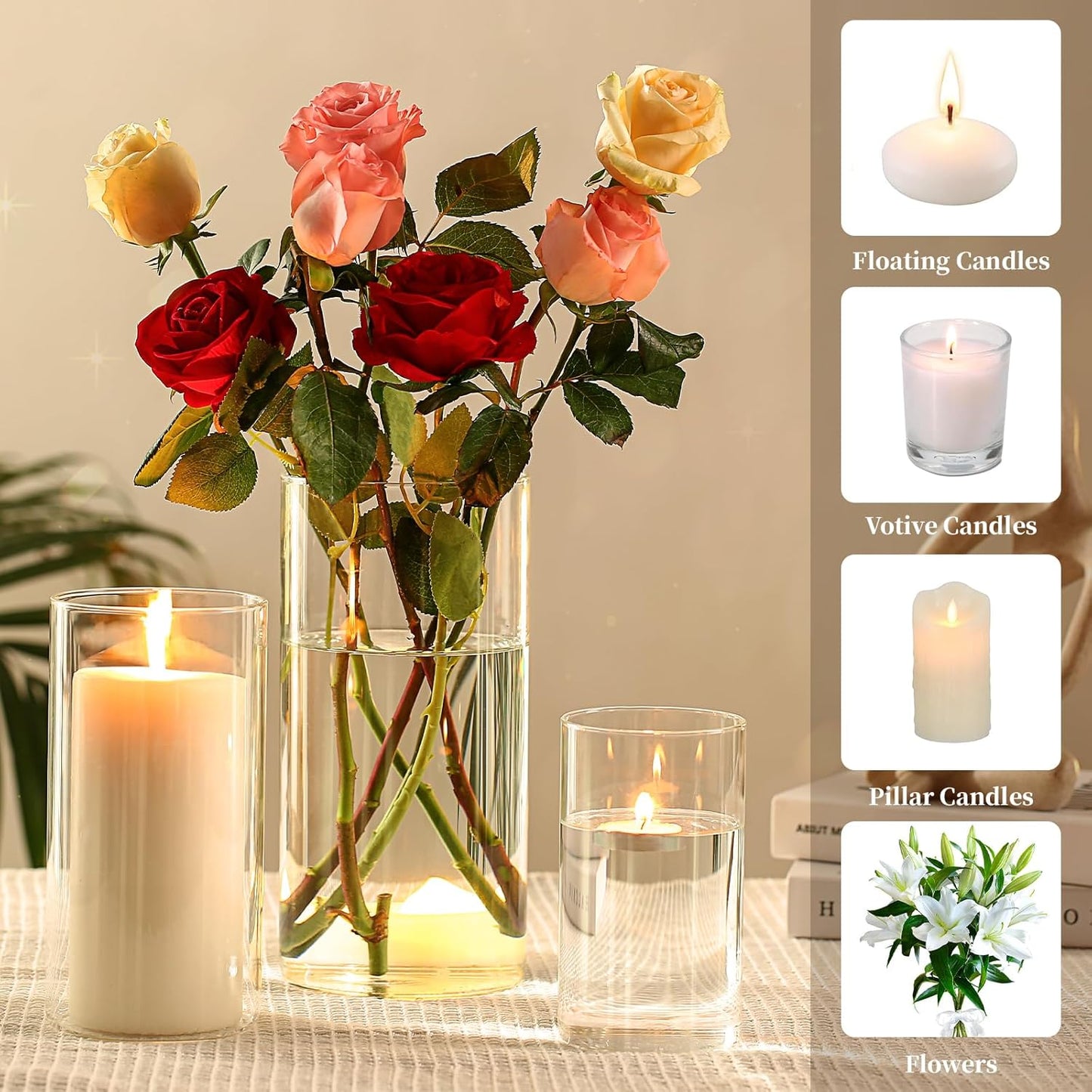 PHOSPHOR Hurricane Candle HoldersFor Pillar Candle Clear Glass Cylinder Centerpieces Vases Table Decoration Centerpiece Floral Room Decor Clear Seeded Bubbles Living Dining Kitchen 6 Pieces