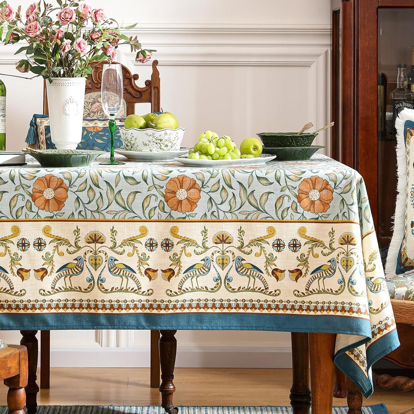 patdrea Designer French Linen Blue Tablecloth for Rectangle Table,Vintage Floral Table Cloth,Colorful Decoration Fall Cover Kitchen Dining for Thanksgiving,Tea Party,Christmas,63"x87"-Wensel