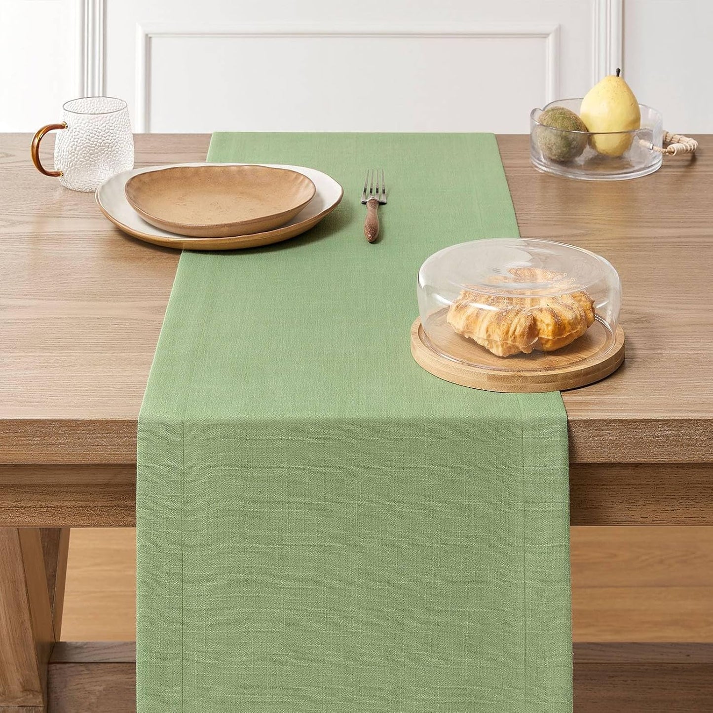 ZeeMart Linen Textured Border Table Runner, 14 x 36 Inch Green, Farmhouse Style Sage Green Table Runners 36 Inches Long, Easy Care Everyday Polyester Table Runner