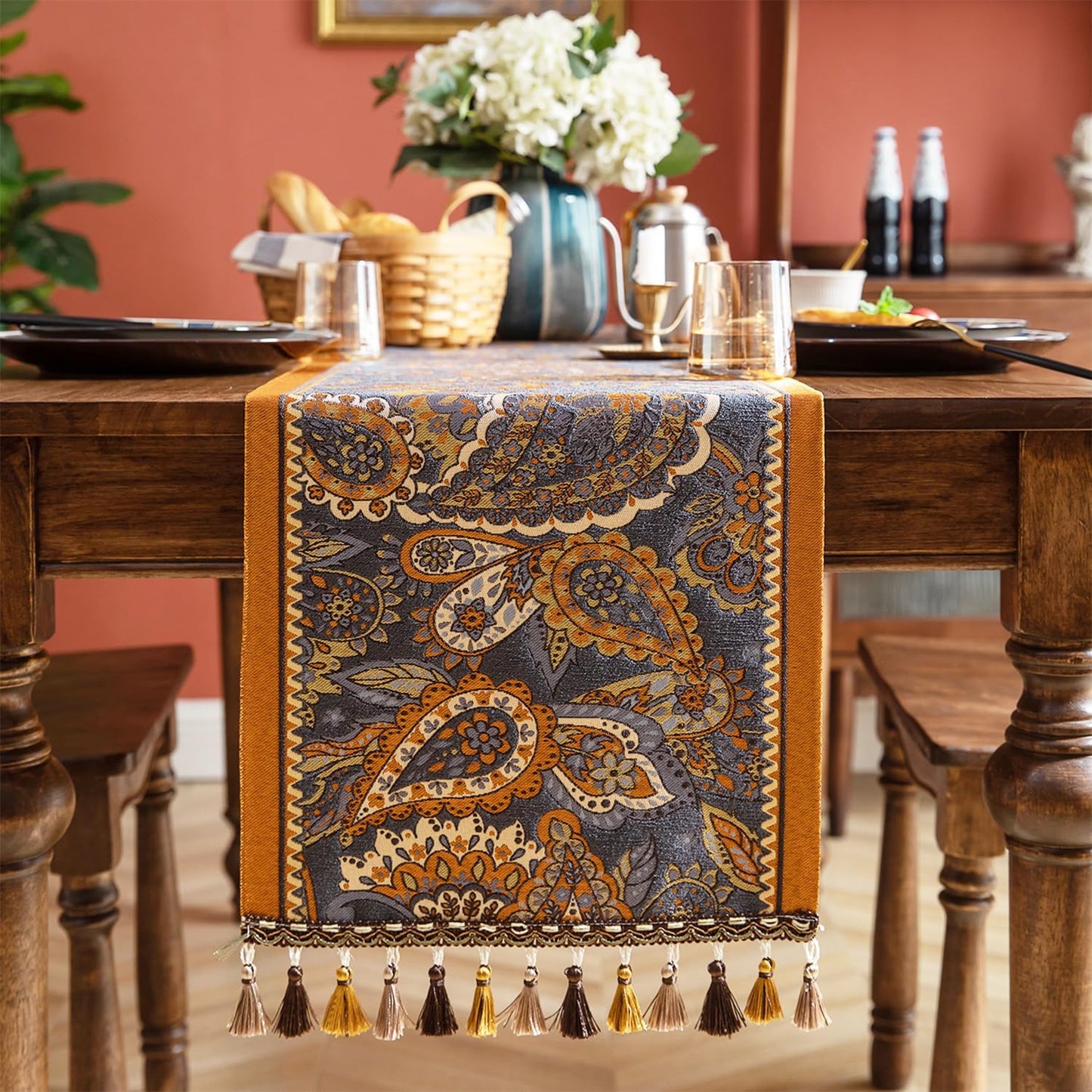 13×72 Inch Table Runner, Retro-Luxury Tassels Series for Kitchen Dining Table Holiday Decoration (Royal Nuts)