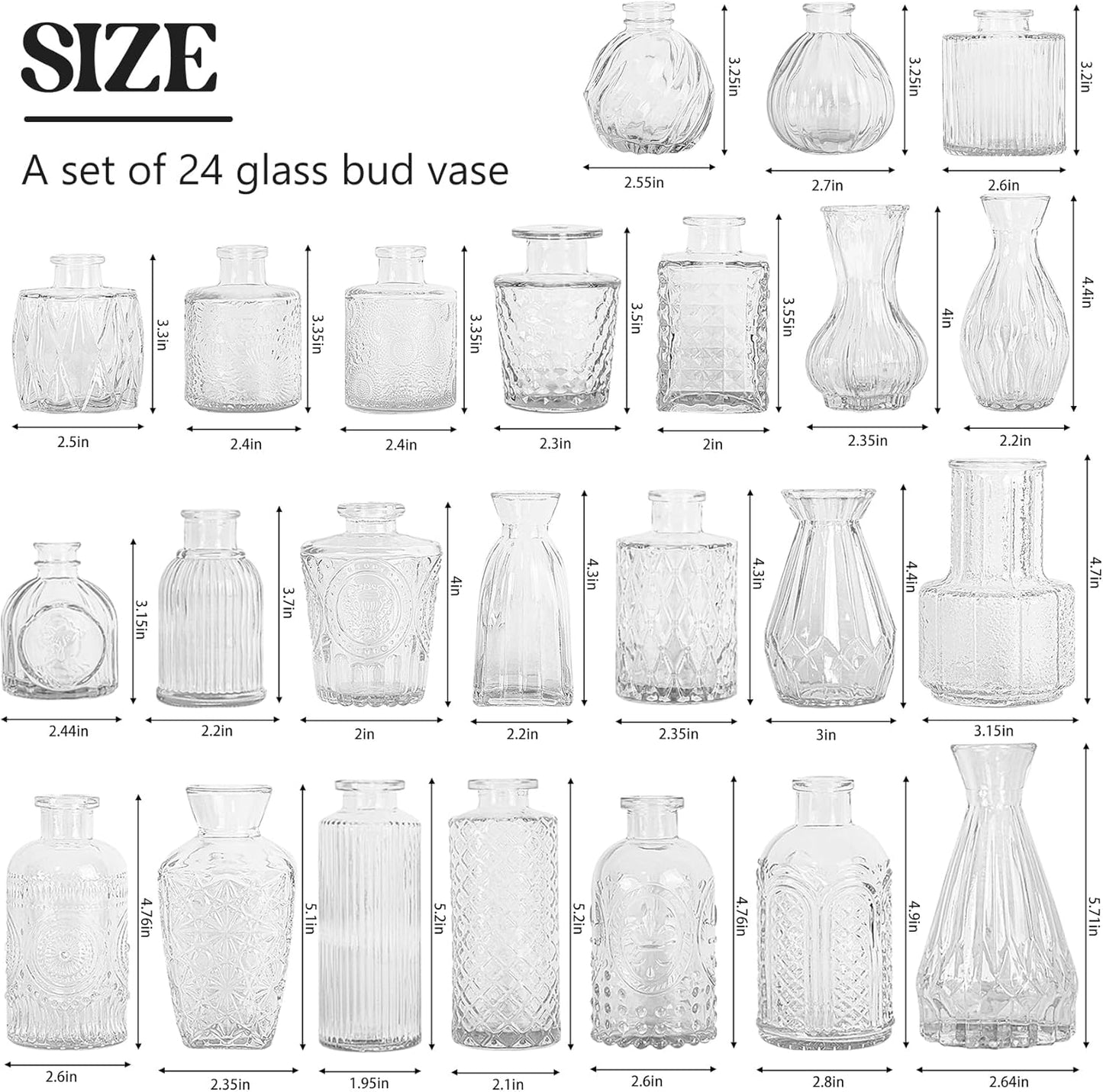 Set of 24 Glass Bud Vase Set, Small Vintage Clear Flower Vase Centerpieces for Table Bulk Cute Rustic Style Mini Vase for Home Decor Wedding Baby Shower Birthday Party