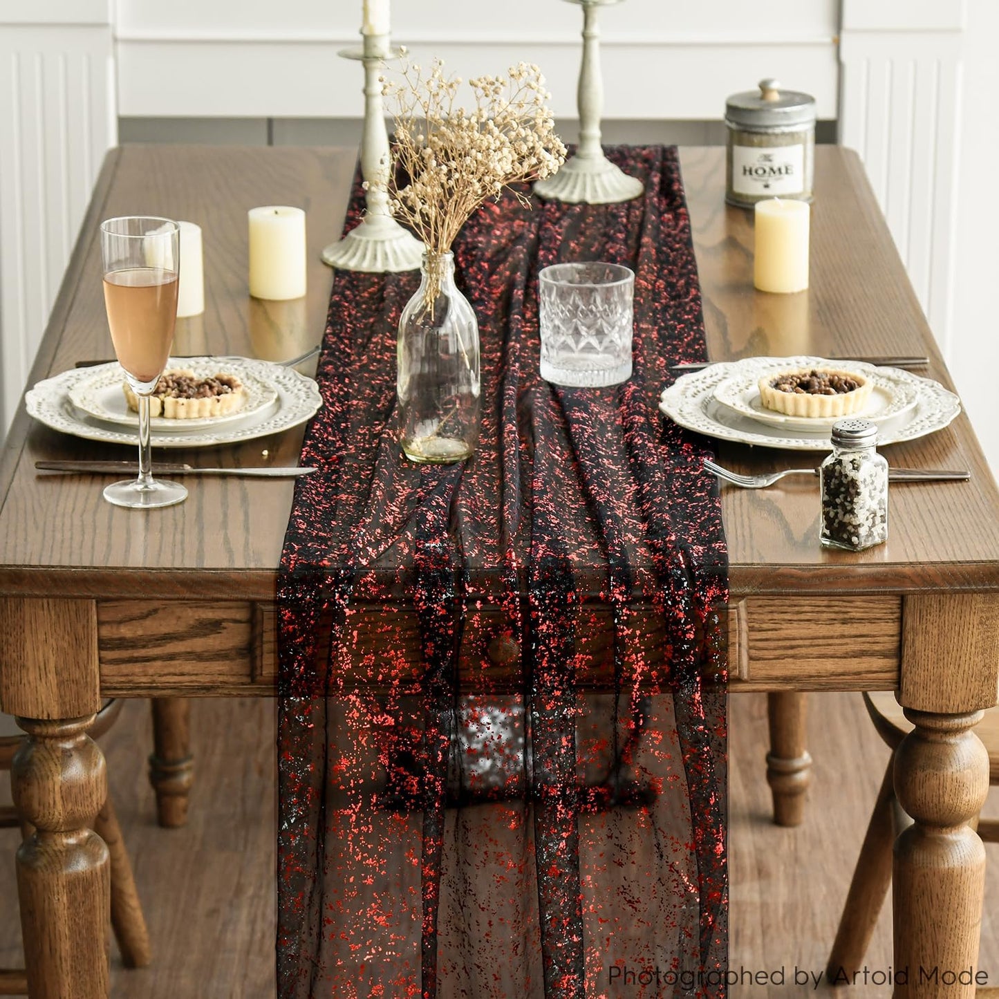 Artoid Mode 3PCS Black Red Gold Gauze Table Runner 120 Inch 10FT, Glitter Metallic Foil Sheer Dining Wedding Anniversary Holiday Table Decor for Home Party