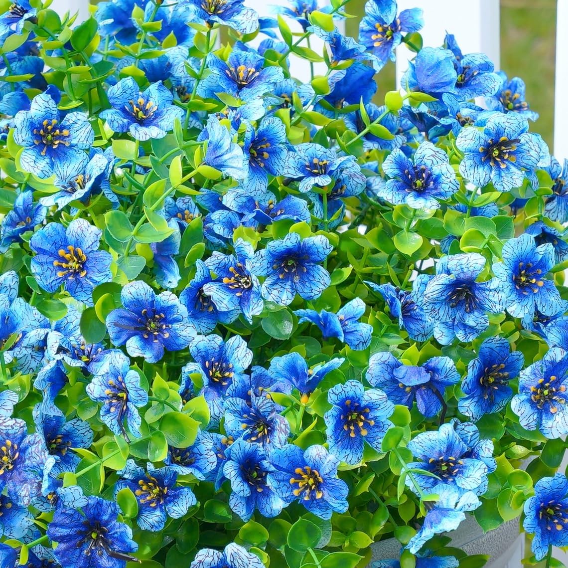 HyeFlora Artificial Flowers for Outdoor Indoor Garden Home Decoration, Faux Flower Daisy with Eucalyptus Leaves Fake Plants Greenery Boxwood Porch Patio, 12 Bundles (Blue)