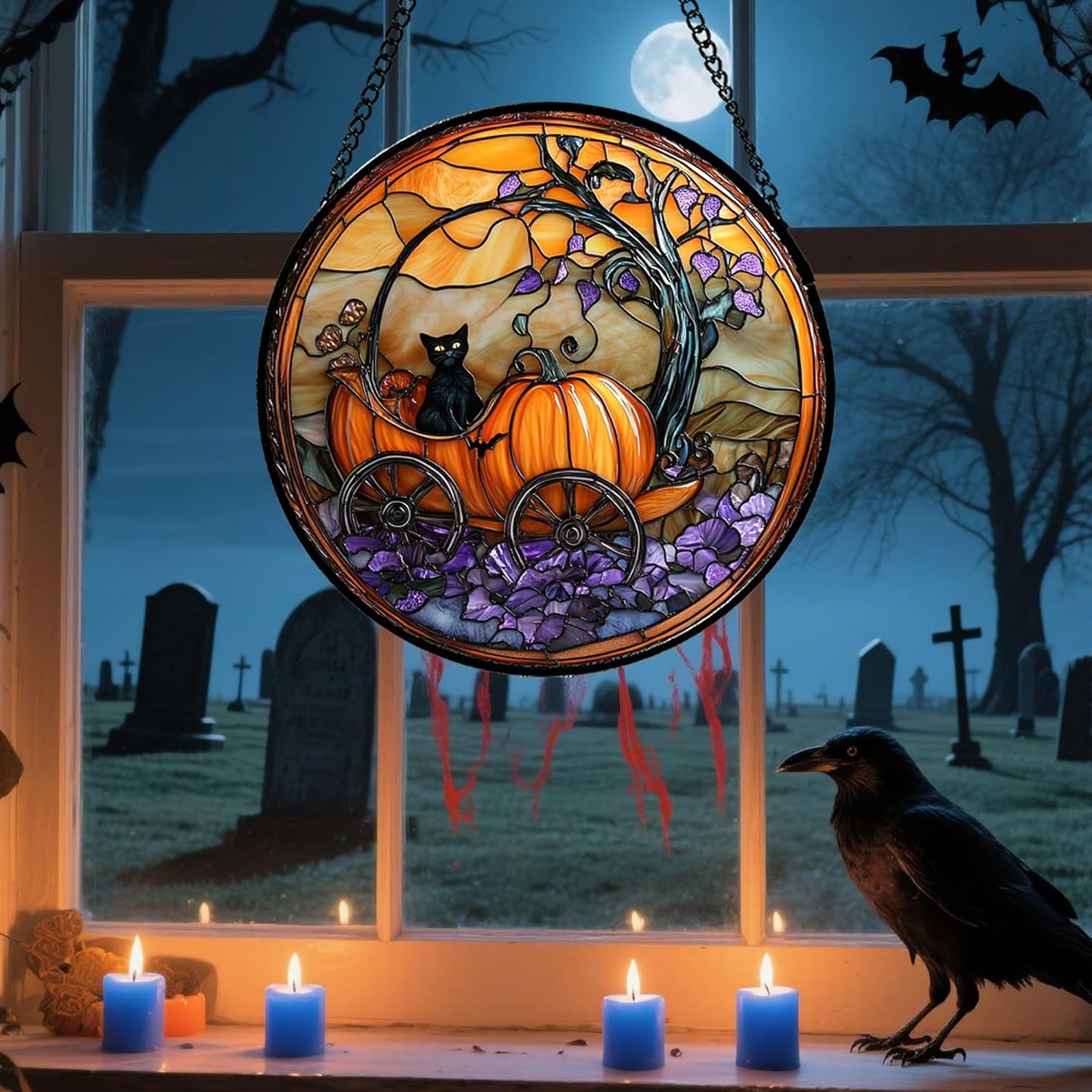 Stained Glass Window Hanging - Halloween Pumpkin Carriage Black Cat Suncatcher for Doors Window Garden Spooky Sun Catchers Gothic Decor Horror Gifts for Women Men Friend Boy Girl 6.3 in