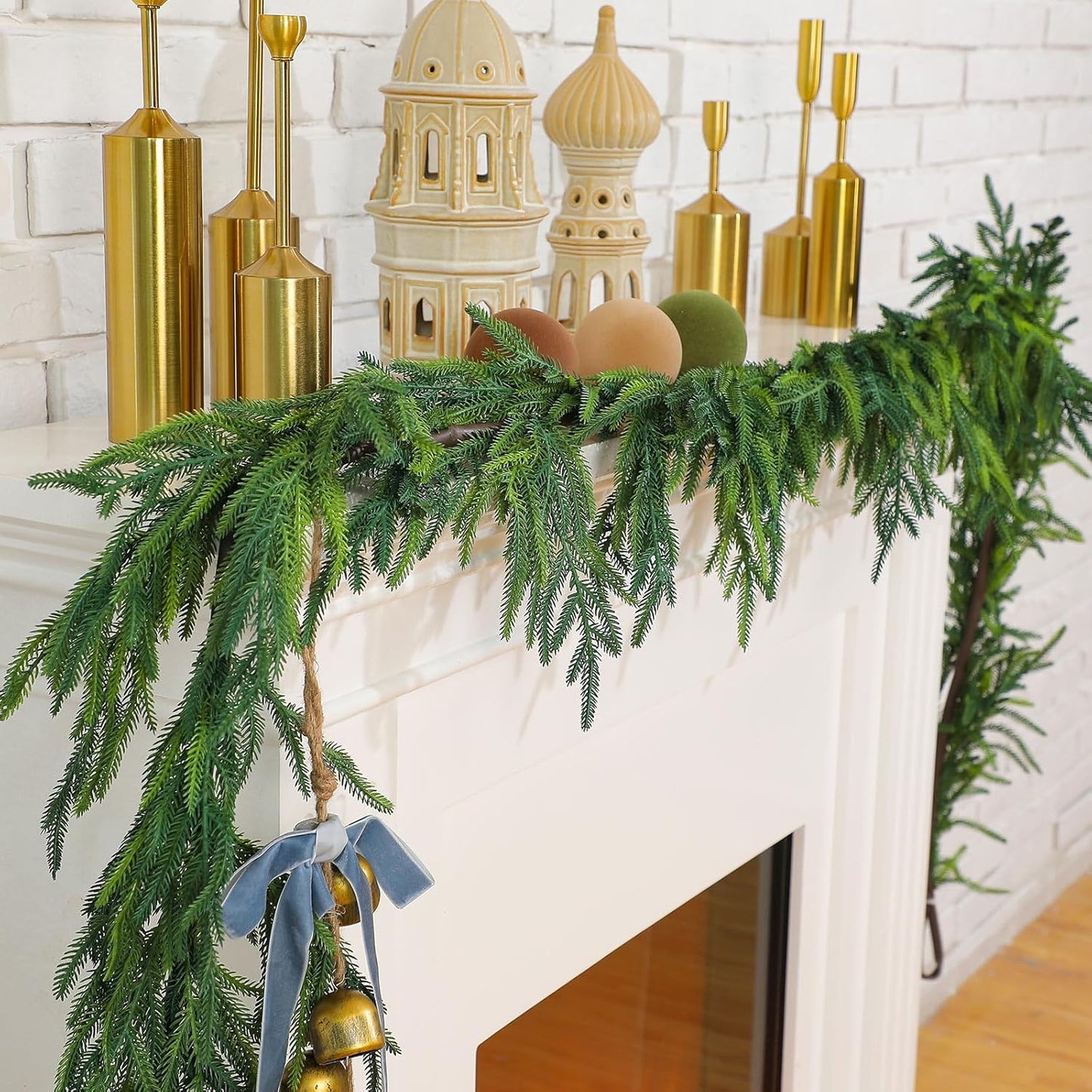 Jutom Christmas Norfolk Pine Garland Realistic Artificial Faux Greenery Cedar Garland for Mantle Holiday Indoor Outdoor Fireplace Winter Christmas Decorations(2 Pcs,9 Feet)