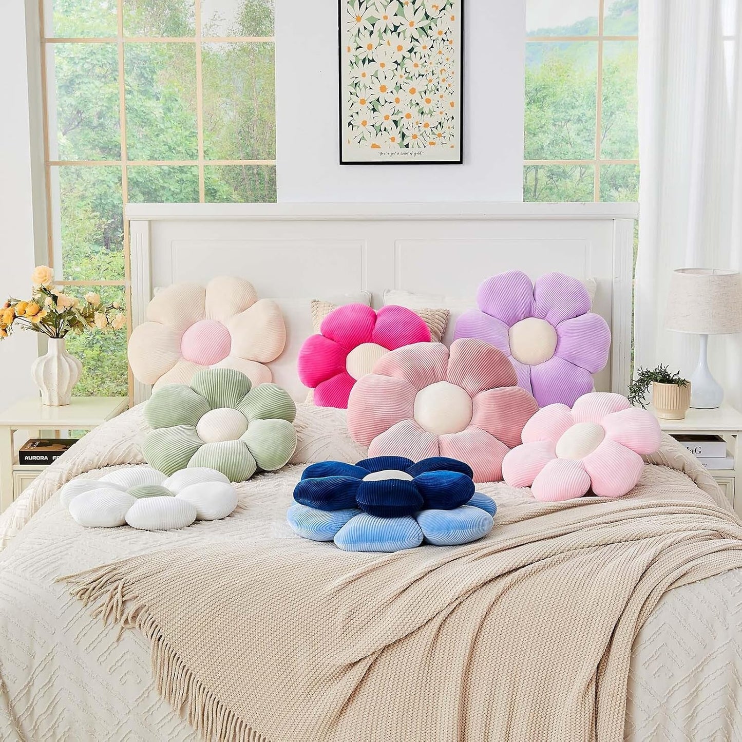 Navy Flower Pillow, 14.9" Cute Flower Shaped Floor Pillow, Aesthetic Floral Plush Daisy Decorative Throw Pillows for Bed Sofa Couch