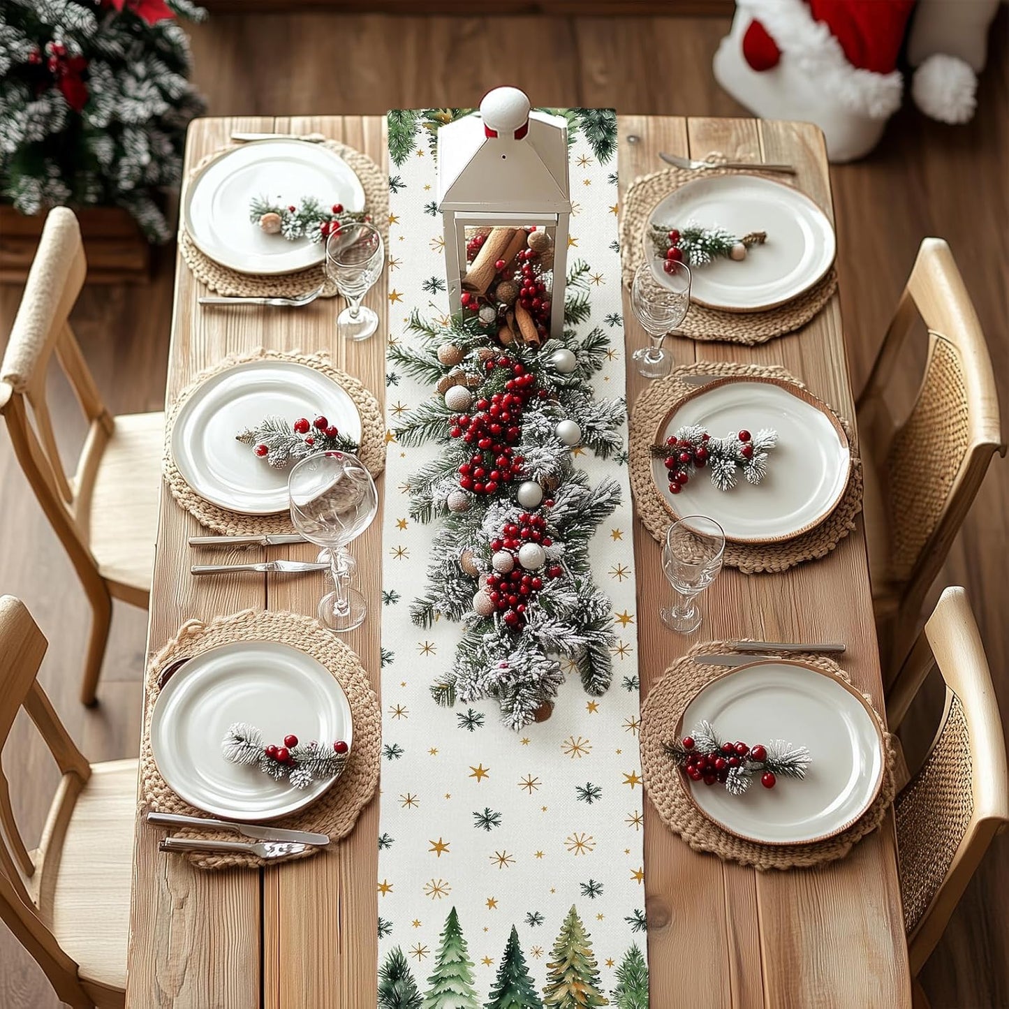 GEEORY Christmas Table Runner 13x48 Inch, Xmas Tees Snowflakes Holiday Decorative Farmhouse Table Decoration for Kitchen Dinning, Indoor Outdoor Dinner Party Decor (Light Green) GT166-48
