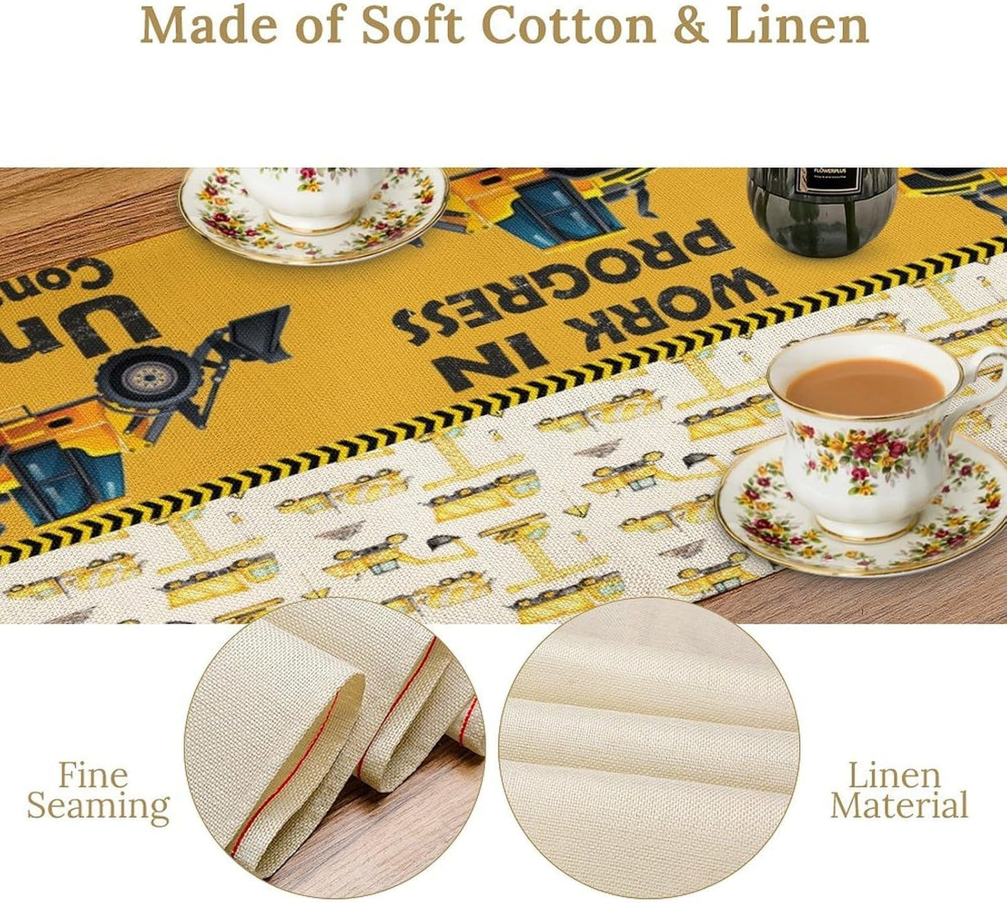 Cartoon Car Table Runner,Boys Kids Construction Vehicles Truck Yellow Print Tablecloth Burlap for Hotel Indoors Outdoor Dining Room Kitchen Home Decor,W13X L70 in