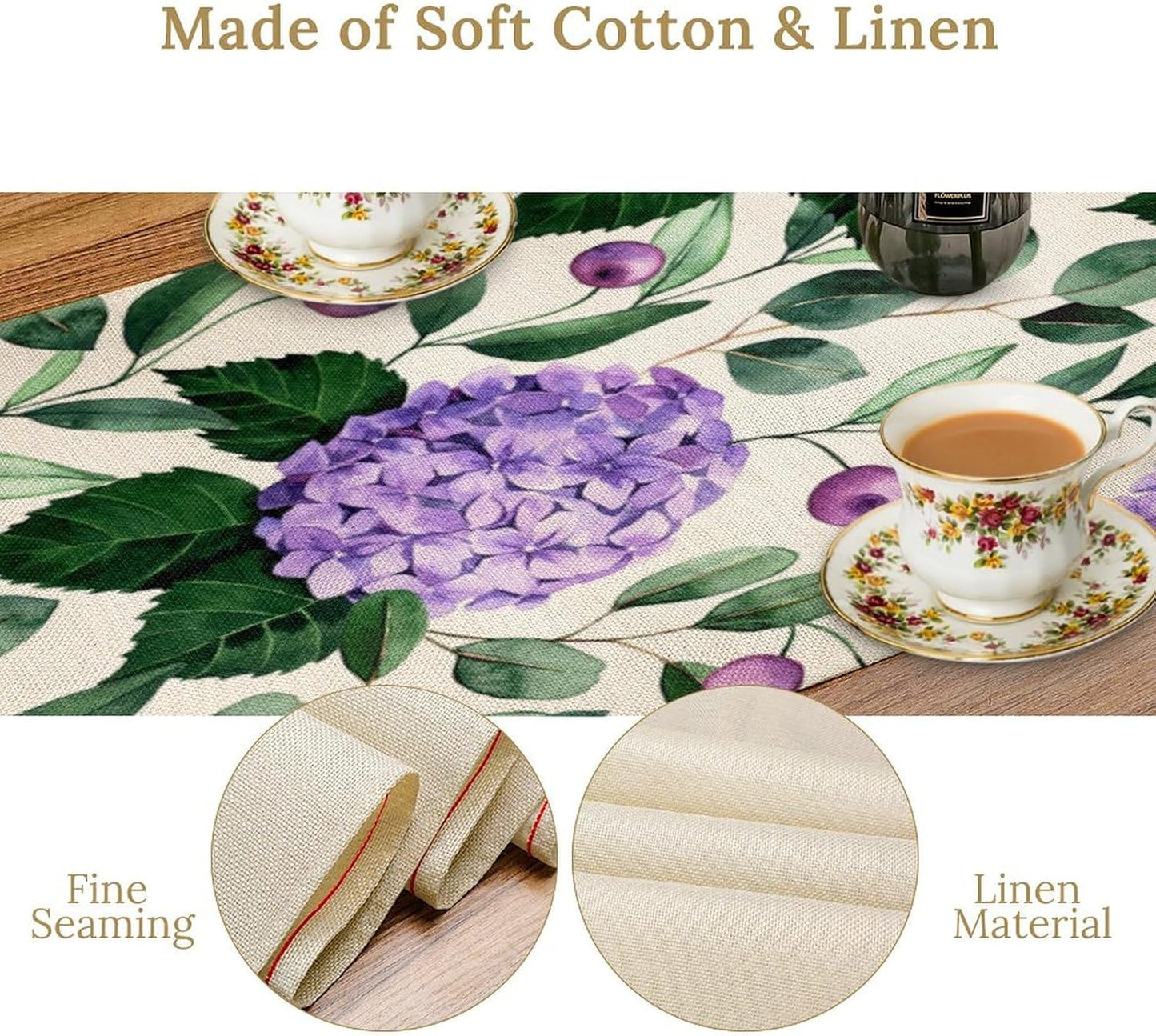 Spring Hydrangea Flower Table Runner, Seasonal Summer Plants Eucalyptus Leaves Purple Florals Dinner Runner for Home Kitchen Dining Table Party Holiday Decoration 13"x120"