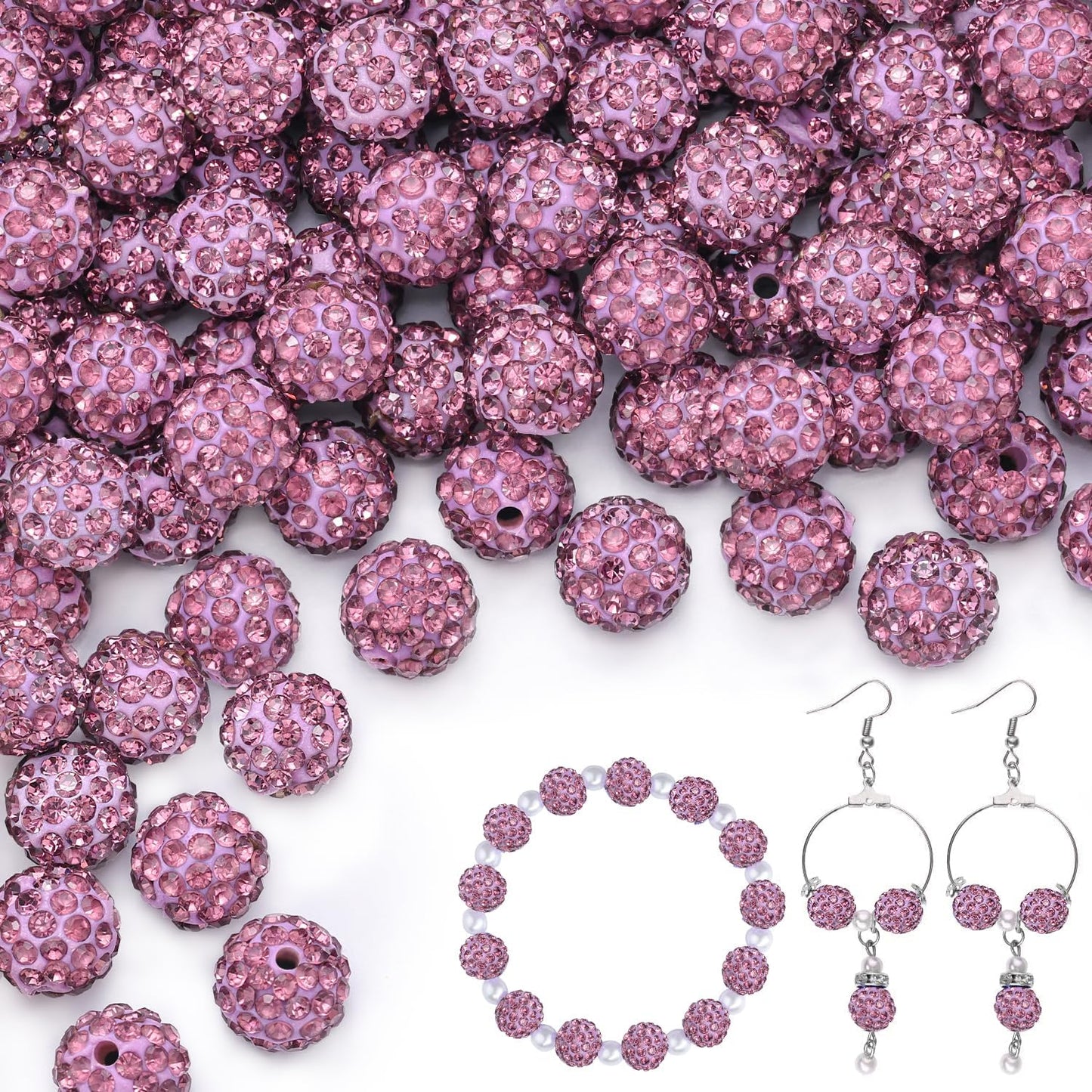 150pcs 10mm Rhinestone Beads for Jewelry Making, Light Purple Shiny Round Shamballa Disco Beads Bulk, Sparkle Crystal Clay Christmas for Bracelet Baseball Necklace Earring Crafting and DIY