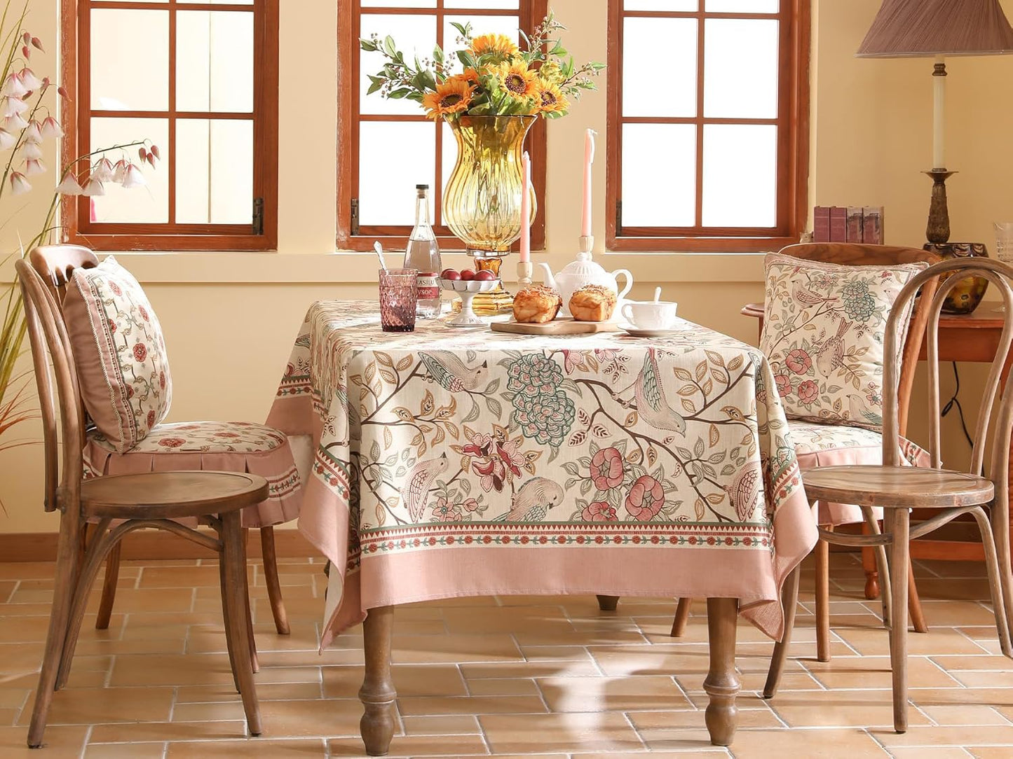 patdrea Designer Pink Linen Table Cloth for Rectangle Table,Vintage Floral with Birds Pattern Decorative Tablcloth,French Table Cover for Kitchen Dining,Thanksgiving,Christmas,55"x71"-Kulom a