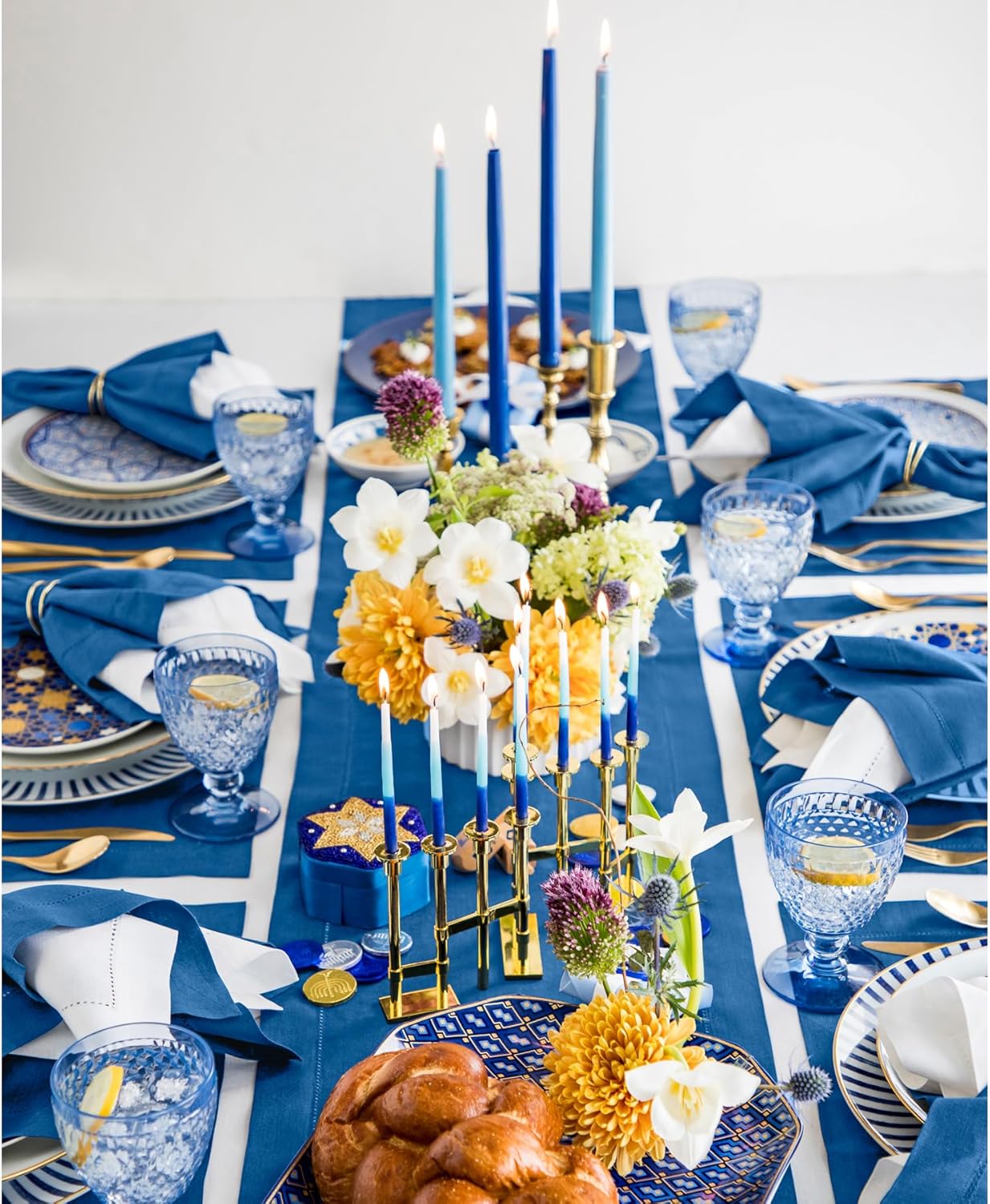 Solino Home Linen Indigo Blue Table Runner 144 Inches Long - 100% Pure Linen Extra Long Table Runner 14 x 144 Inch for Fall, Autumn - Classic Hemstitch