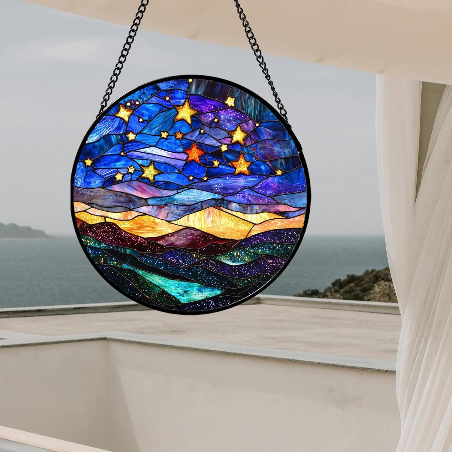 Stained Glass Window Hanging, Blue Sky Gold Stars Abstract Landscape Suncatcher for Doors Window Home Sun Catchers Decor Mother's Day Birthday Gifts for Women, Men Mom 15 in