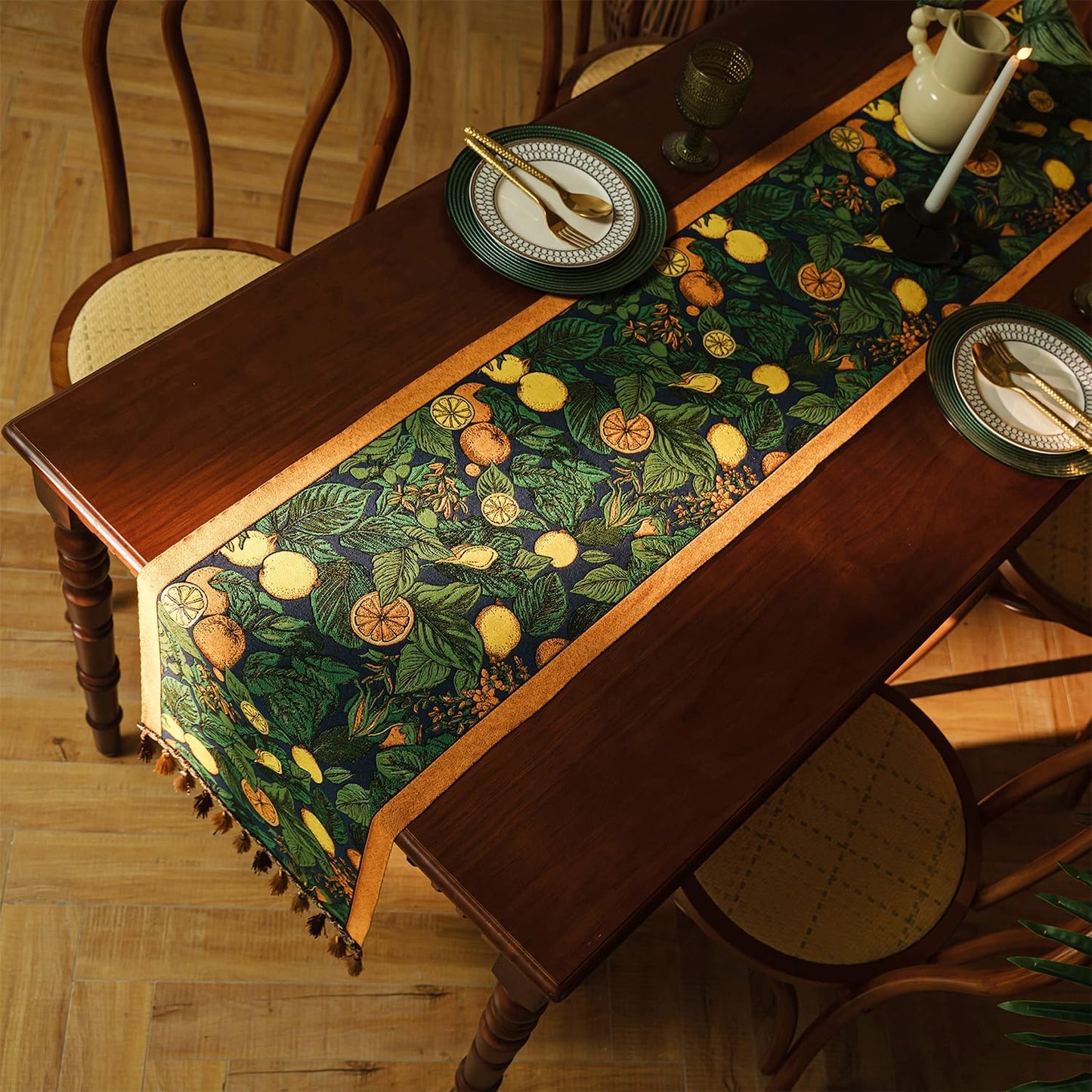 13×72 Inch Table Runner, Retro-Luxury Tassels Series for Kitchen Dining Table Holiday Decoration (Lemon Garden)