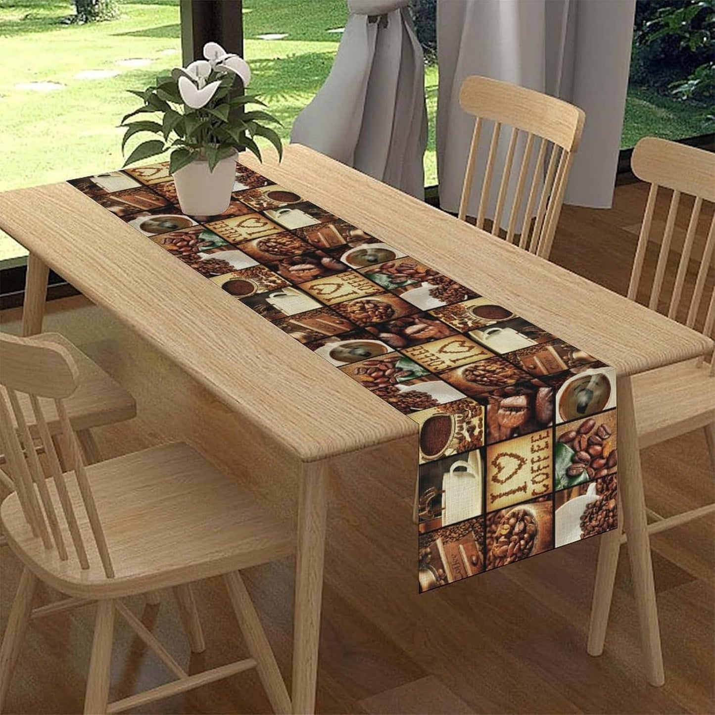 Coffee Theme Table Runner, Retro Farmhouse Coffee Cup Latte Cappuccino Tea Party Cafe Table Center Decor for Home Kitchen Dining Patio Holiday Party Indoor Outdoor Table Decorations,13"x90" Inch