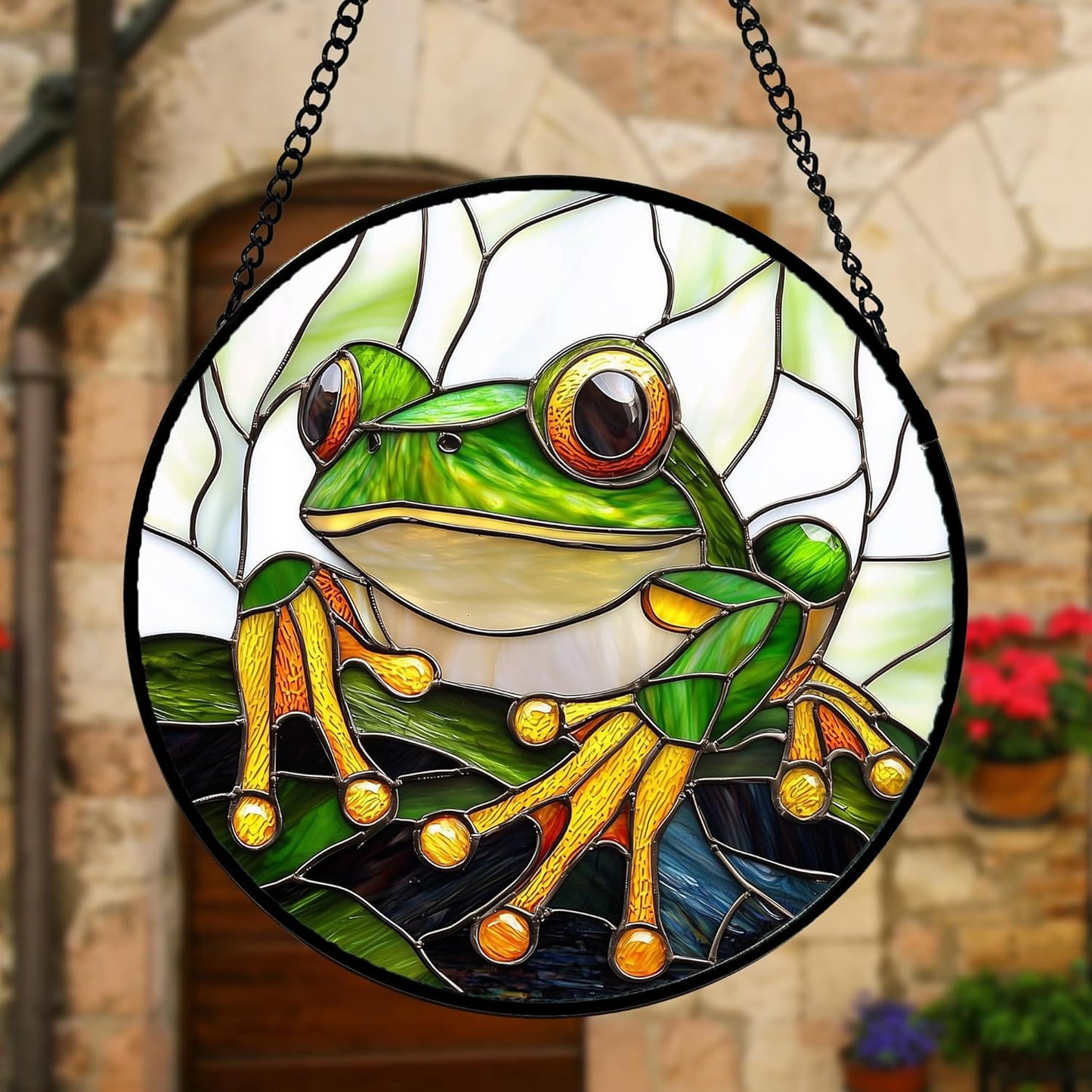 Stained Glass Window Hanging, Green Frog White Petals Sun Catchers Colorful Glass Panel Cute Suncatcher Decor for Birthday for Women, Men, Wife, Aunt, and Mom 6.3 in