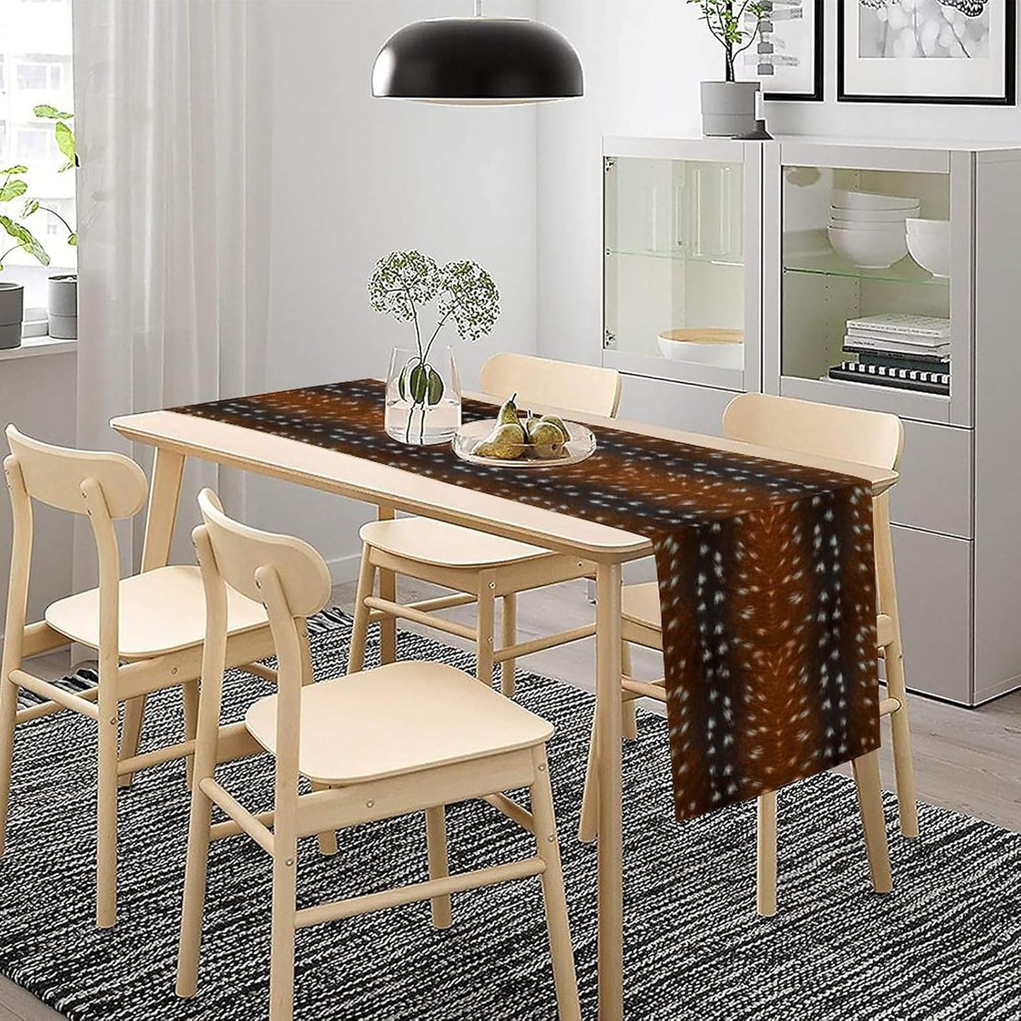 Deer Skin Table Runner Brown Fur Runner Black White Elk Deer Print Fur Western Print Cotton Linen Cottage Dinner Table Runners for Dining Room Kitchen Table Setting, 13x90 Inch