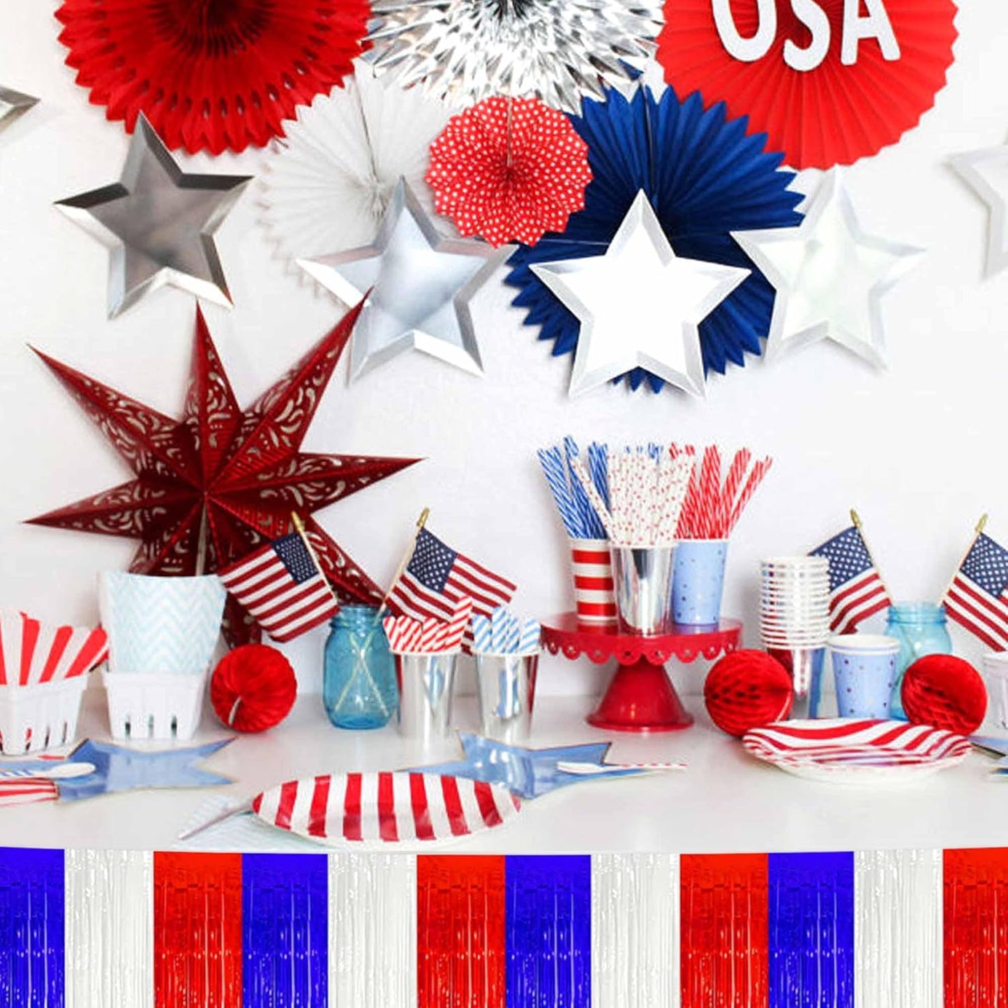 6 Pack 10 Ft White Blue Red Foil Fringe Garland Metallic Streamers Tinsel Banner Wall Hanging Garland Backdrop for Parade Floats, Halloween, Christmas, Thanksgiving, New Year Party Decorations