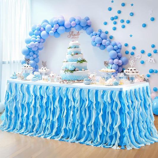 Partisky Ocean Blue Tulle Tutu Ruffle Curly Willow Table Skirt for Rectangle Table 17ft,Under The Sea Baby Shark Themed Table Cloth for Boys Girls Birthday Party or Baby Shower