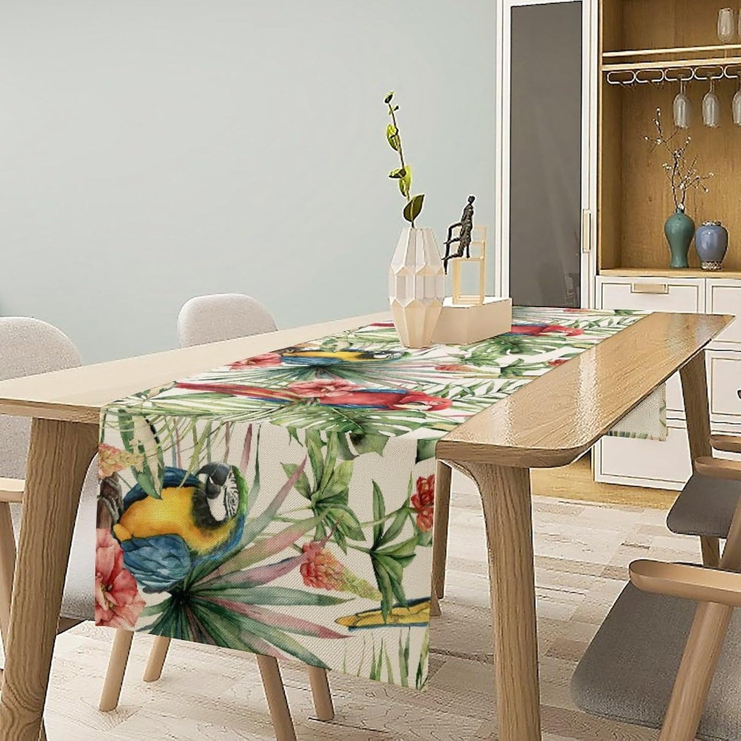 Parrot Table Runner,Tropical Palm Leaf Colorful Macaw Bird Watercolor Print Tablecloth Burlap for Hotel Indoors Outdoor Dining Room Kitchen Home Decor,W13X L108 in