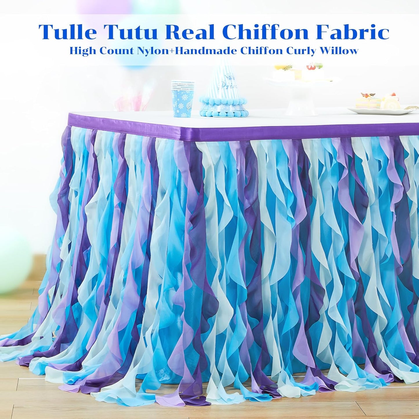 PARTISKY Mermaid Tulle Tutu Ruffle Curly Willow Table Skirt for Rectangle Table 9ft, Mermaid Themed Party Table Cloth for Girls Birthday Party or Baby Shower
