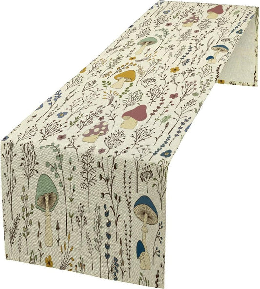 Mushroom Table Runner,Colorful Wild Plants and Fungus Botanical Plants Pattern Print Burlap for Hotel Indoors Outdoor Dining Room Kitchen Holiday Party, 13x36in