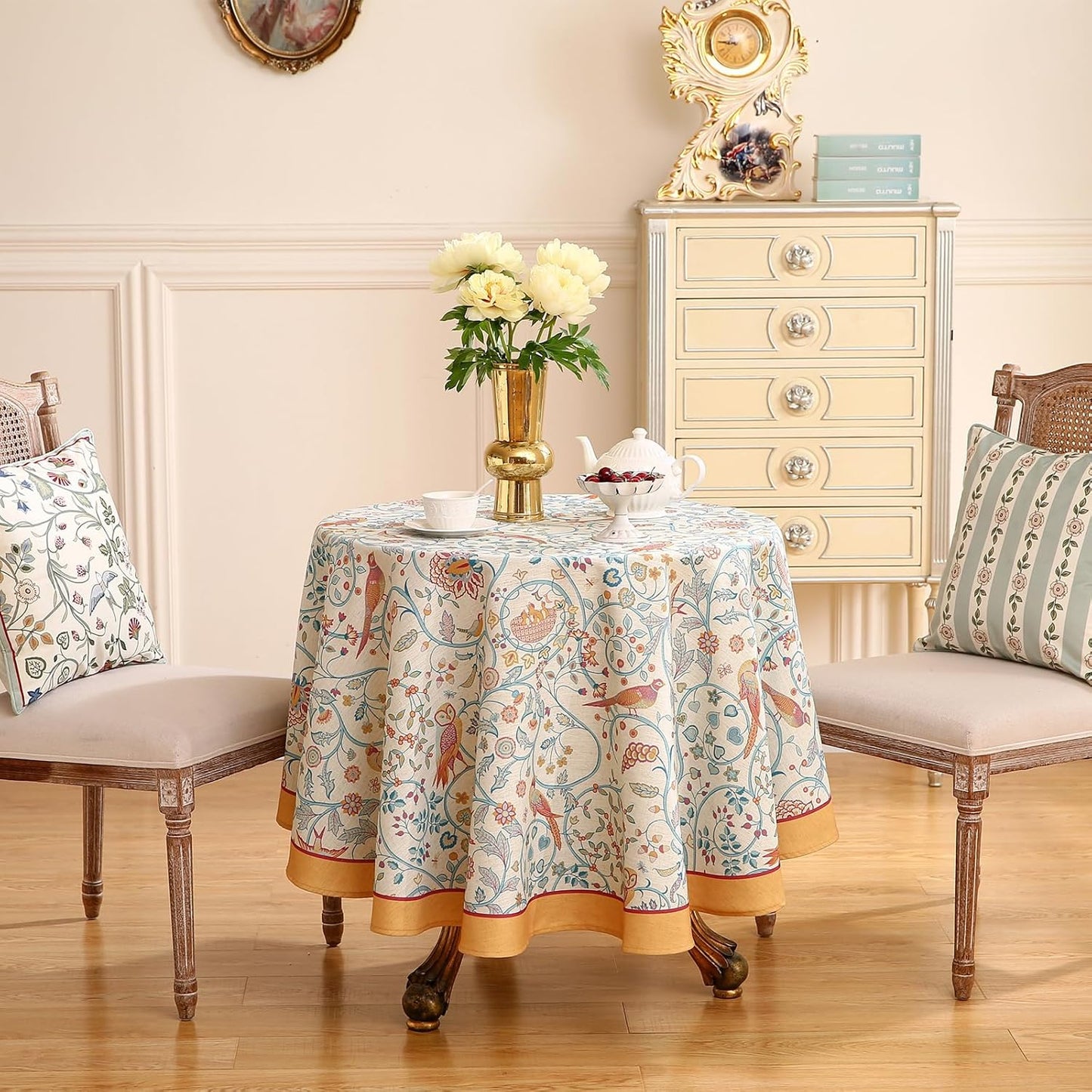 patdrea Designer Vintage Tablecloth for Round Table,Yellow Linen Floral Birds Tablecloths,Decorative Table Cover for Kitchen Dining Holiday Banquet,Christmas,Thanksgiving,Diameter 55"-Magnolia