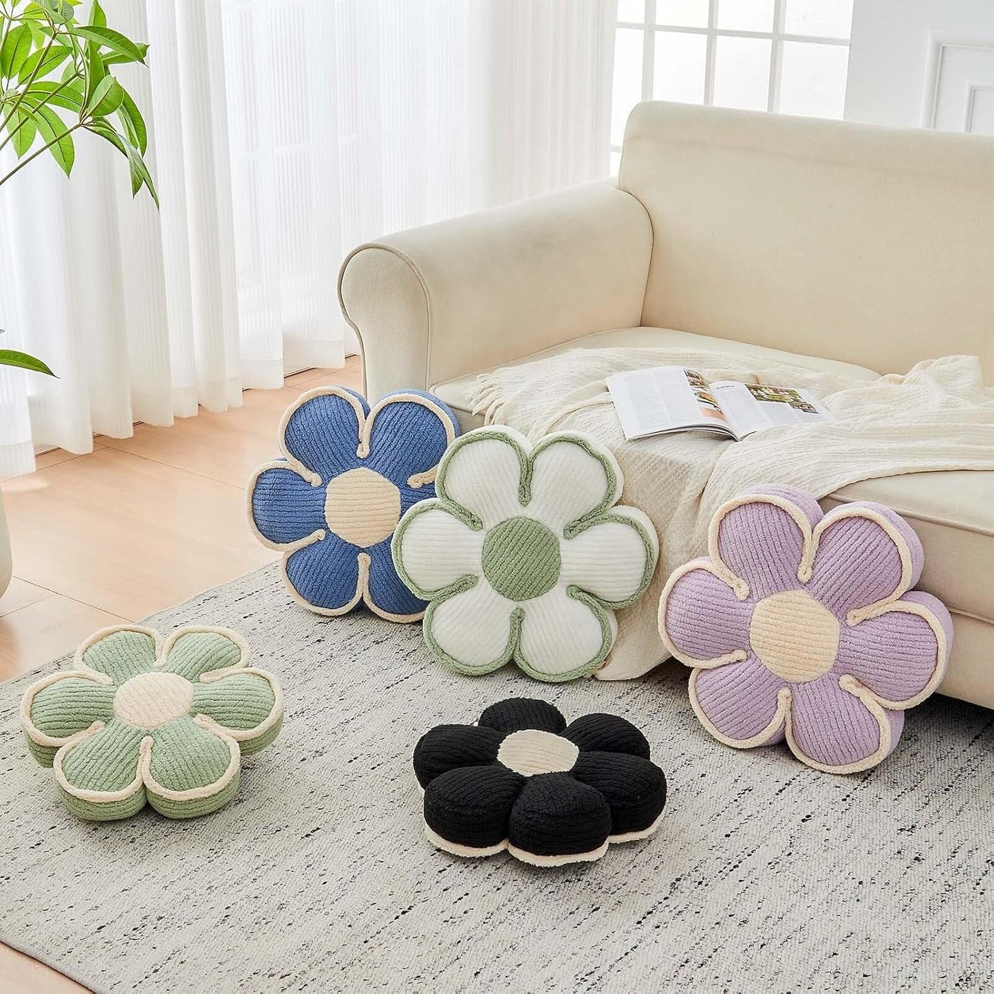 Flower Pillow, Soft Flower Decorative Throw Pillow, Cute Daisy Flower Shaped Seating Floor Cushion Room Décor Plush Pillows for Sofa Couch Bed (17.7 Inch, Blue)