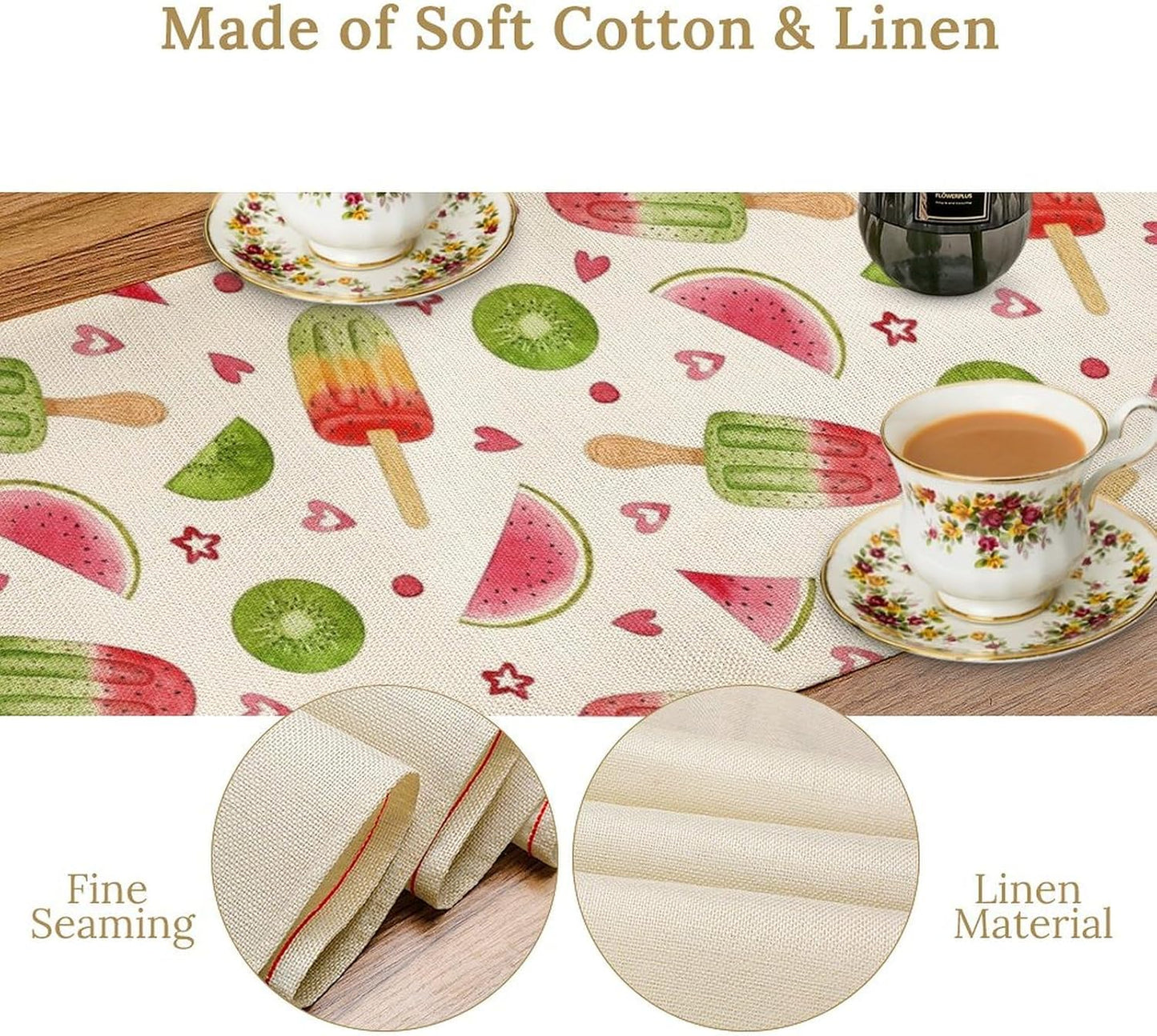 Summer Popsicles Table Runner, Colorful Watercolor Ice Cream Loves Heart Seasonal Dinner Runner for Party Holiday Home Kitchen Dining Table Decor 13"x90"