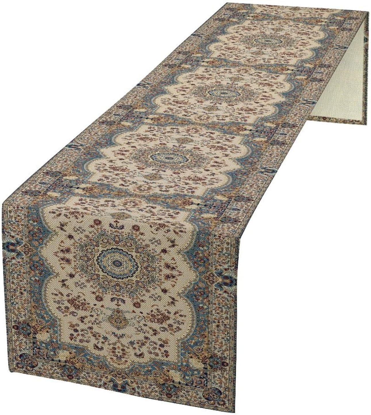 Boho Bohemia Style Table Runner, Vintage Blue Teal Gold Retro Flower Rustic Country Style Floral Print Pattern for Home Kitchen Table Decor Dining Coffee Room Garden Party Decor 13x72in