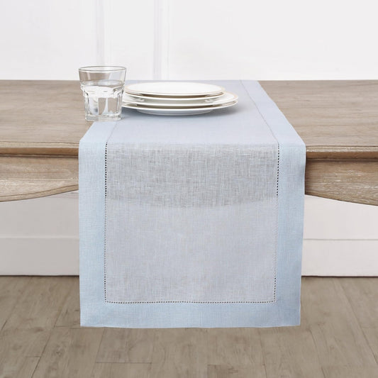 Solino Home Linen Light Blue Table Runner 36 Inches - Classic Hemstitch, 100% Pure Linen Coffee Table Runner 14 x 36 Inch Ideal for Dresser Tables