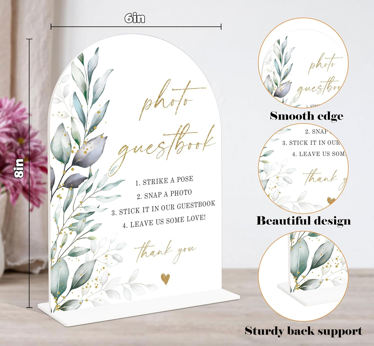 Acrylic Wedding Signs, Greenery Theme Photo Guestbook Sign, Wedding Reception Signage, Bridal Shower Table Decor with Stand, Engagement, Anniversary, Newlywed Events and Parties Supplies, 12