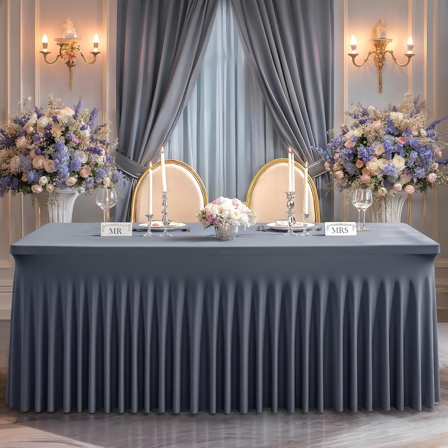 Wish Care 2 Pack Gray Spandex Table Clothes for 6 Foot Rectangle Tables, 6FT Wrinkle Free Fitted Tablecloths Ruffles Design Table Cover for Party, Banquet, Wedding and Events