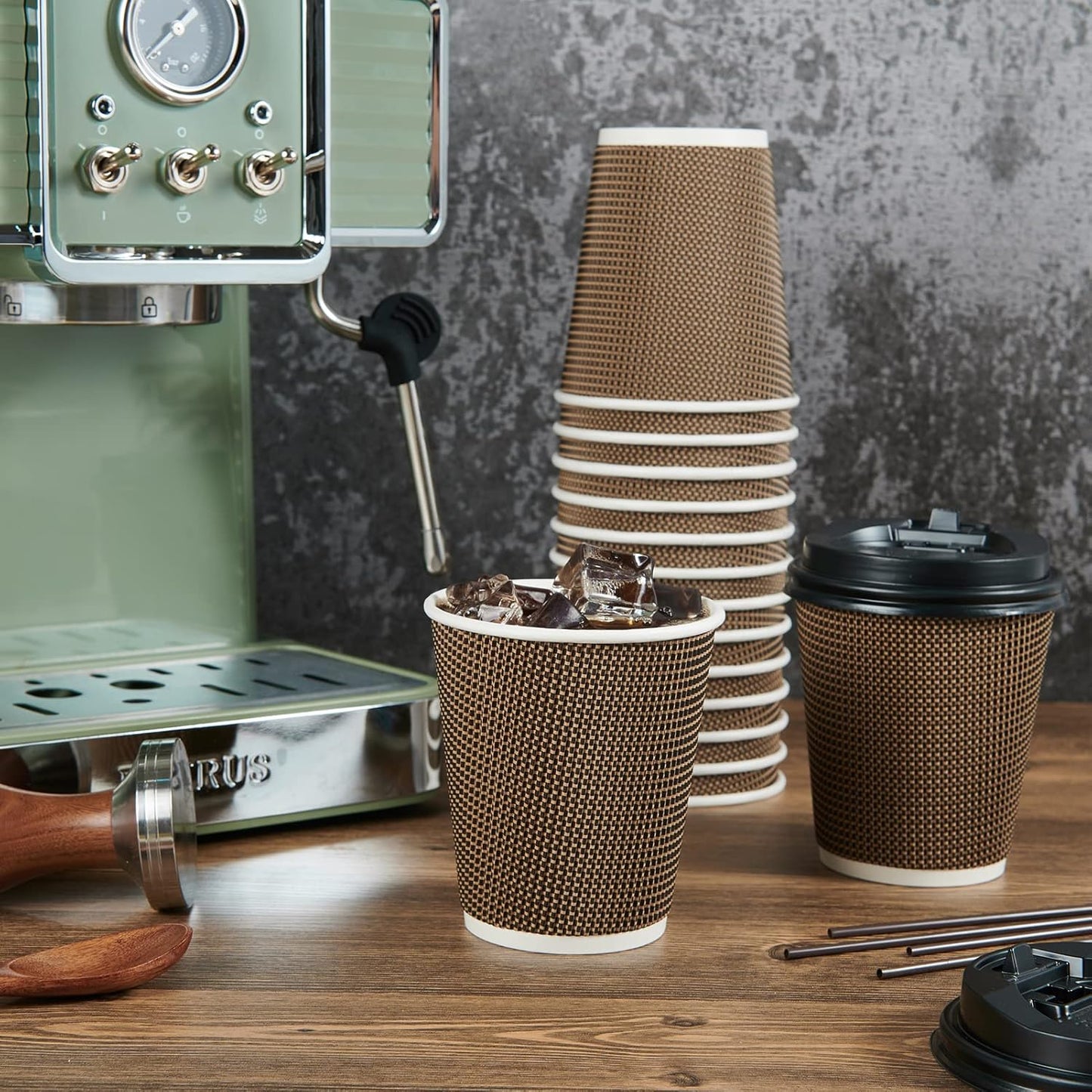 LITOPAK 80 Pack 10 oz Paper Coffee Cups, Insulated Ripple Wall Hot Coffee Cups with Lid and Straws, Brown Three Layer Insulated Hot Beverage Cups for Parties, Picnic, and Travel