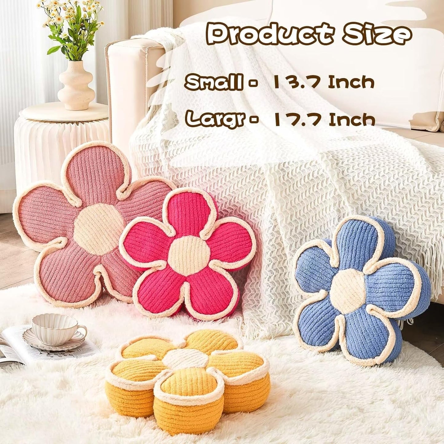 Flower Pillow, Soft Shaped Floor Cushion, Decorative Throw Pillow, Cute Seating Cushion, Plush Pillows for Sofa Couch Bed (13.7 Inch, Yellow)