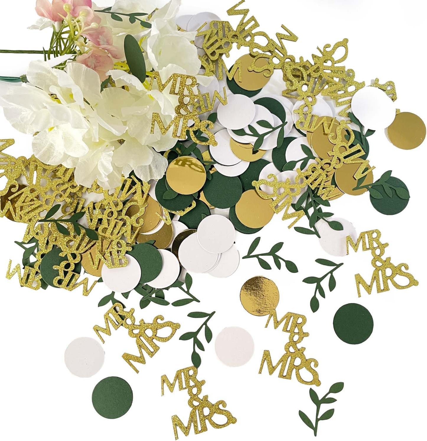 200 Pcs Gold Bridal Shower Decorations, Wedding Table Confetti, Glitter Mr Mrs, Greenery Table Confetti, Engagement Party Scatters