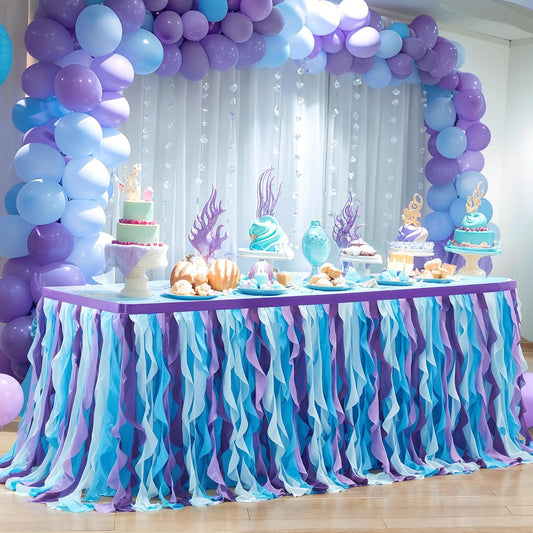 Partisky Mermaid Tulle Tutu Ruffle Curly Willow Table Skirt for Rectangle Table 17ft, Mermaid Themed Party Table Cloth for Girls Birthday Party or Baby Shower