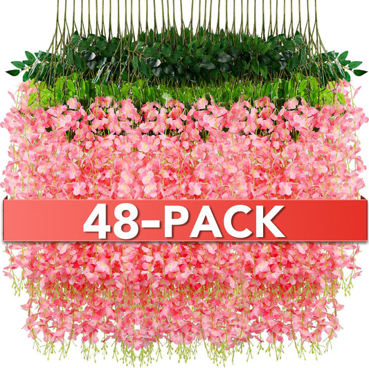 Wisteria Hanging Flowers,Fake Hanging Flowers,Wisteria artificiales Garland for Home Wedding Arch Floral Party Garden Ceremony Outdoor Decor,3.6 feet Long(48,Pink)