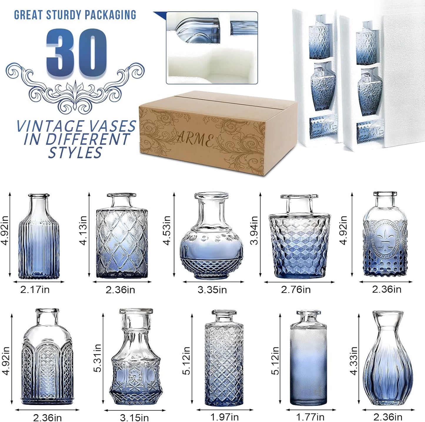 Arme Bud Vases Set of 32, Blue Vase for Centerpieces, Clear Bud Vase in Bulk, Mini Flower Vintage Cute Vases for Centerpieces, Small Glass Vases for Wedding Decor, Home Table Flower Décor