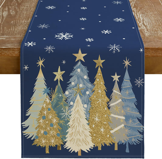GEEORY Christmas Table Runner 13x36 Inch, Xmas Trees Snowflakes Holiday Decorative Farmhouse Table Decoration for Kitchen Dinning, Indoor Outdoor Dinner Party Decor (Blue) GT151-36