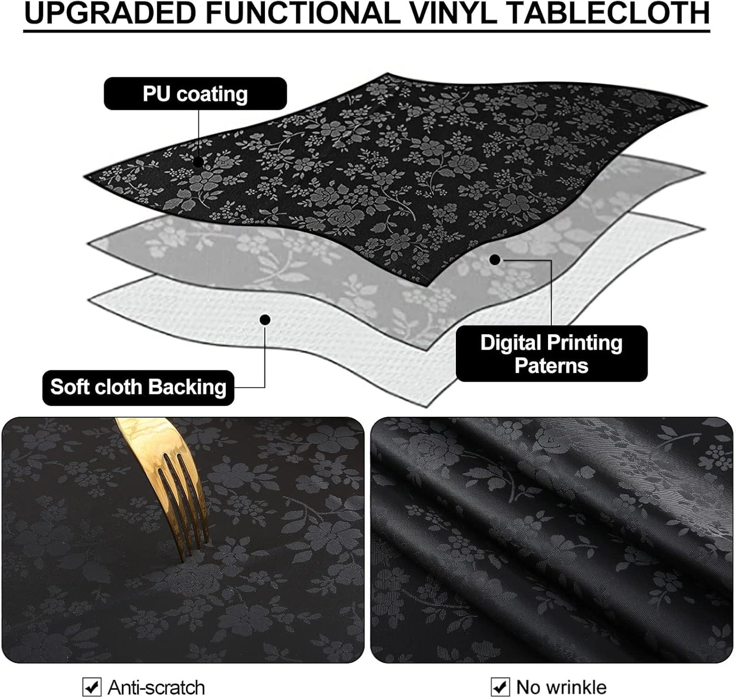 Smiry Rectangle Table Cloth, Waterproof Heavy Duty Vinyl Tablecloths, Wipeable Washable Table Cover for Kitchen and Dining Room (Black, 54" X 120")
