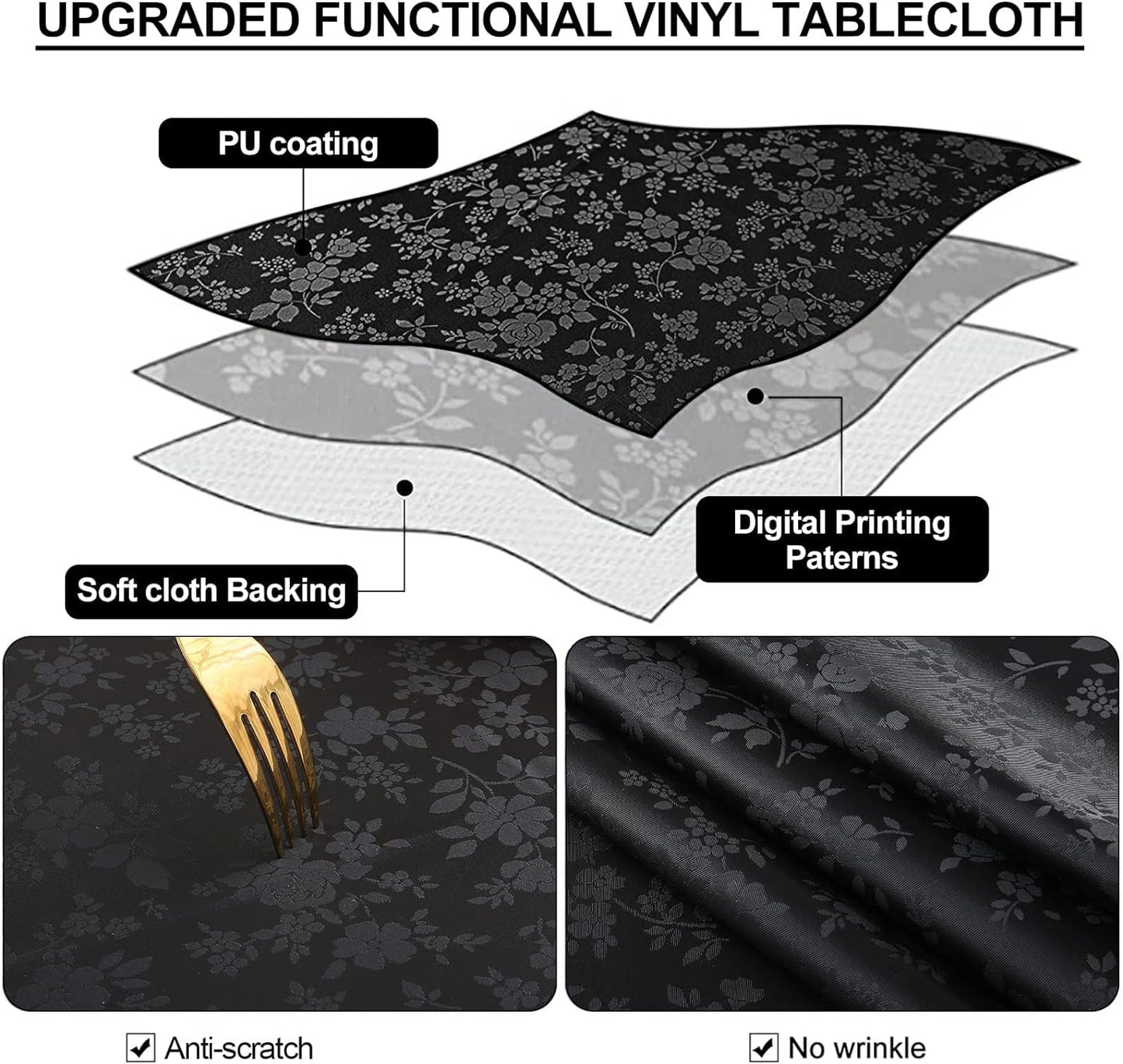 Smiry Round Table Cloth, Waterproof Heavy Duty Vinyl Tablecloths, Wipeable Washable Table Cover for Kitchen and Dining Room (Black, 60" Round)