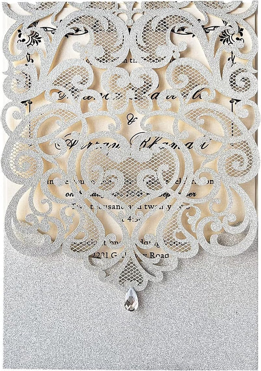Hosmsua 5.1 x 7.3 Inch 50PCS Silver Glitter Wedding Invitation Cards with Rhinestone Laser Cut Hollow Flora Quinceanera Invitation with Envelopes for Bridal Shower Wedding Invite (Silver Glitter)