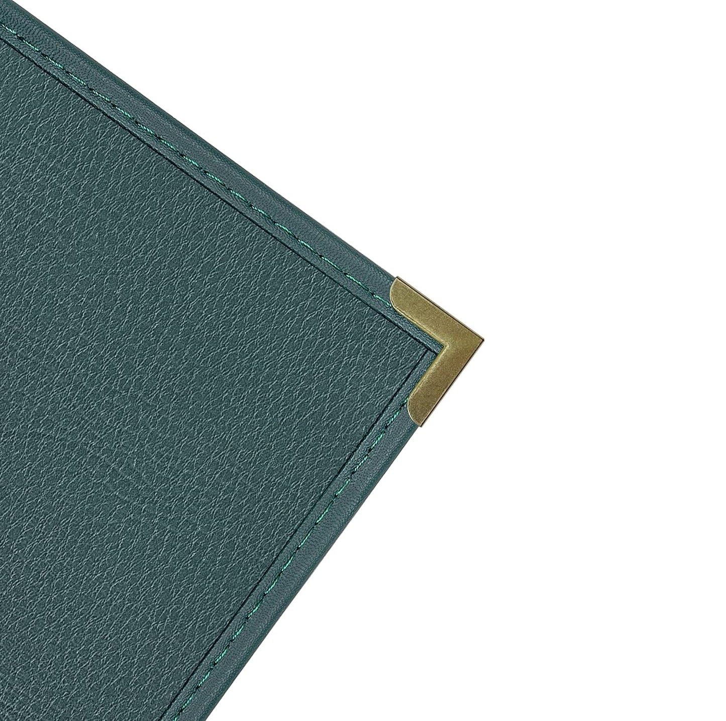 Goodsmart Pajco Style Restaurant Menu Covers – Pack of 10, Side-Load Fold-Out Menu Holders, Single Stitched Edge Clear Vinyl Menu Sleeves, Leatherette Trim Gold Corners, Green, 3 View (8.5" x 11")