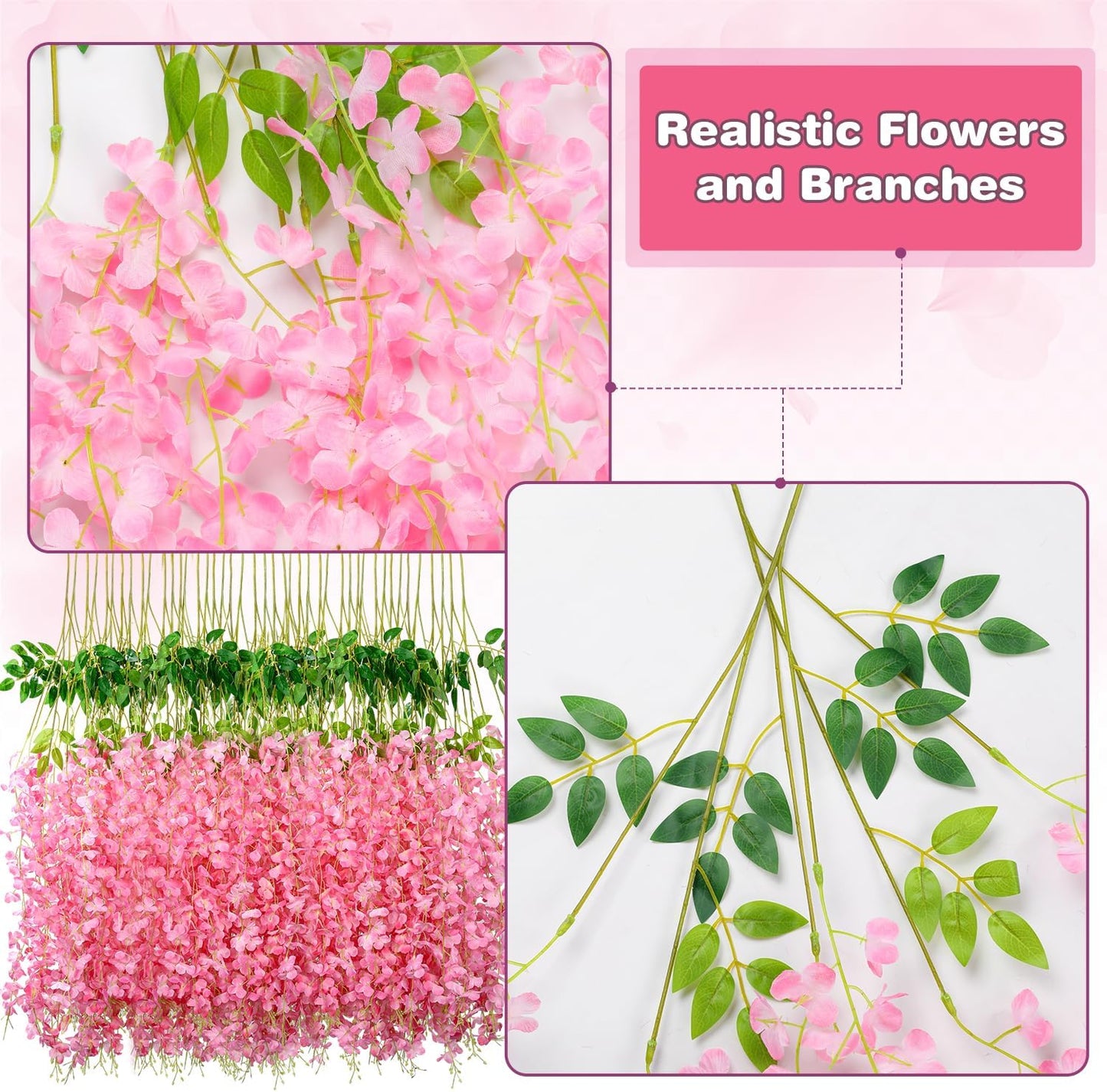 Wisteria Hanging Flowers,Fake Hanging Flowers,Wisteria artificiales Garland for Home Wedding Arch Floral Party Garden Ceremony Outdoor Decor,3.6 feet Long(50,Pink)