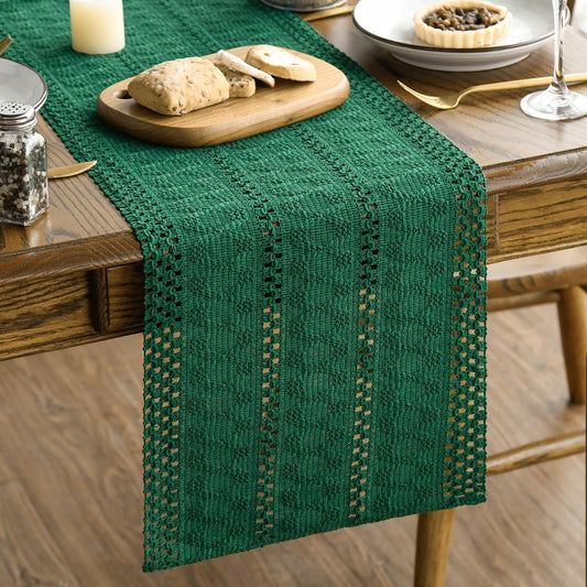 Artoid Mode Dark Green Farmhouse Woven Rustic Hollow Table Runner, Seasonal Holiday Hollow Kitchen Dining Table Decoration for Home Party Decor 12x48 Inch