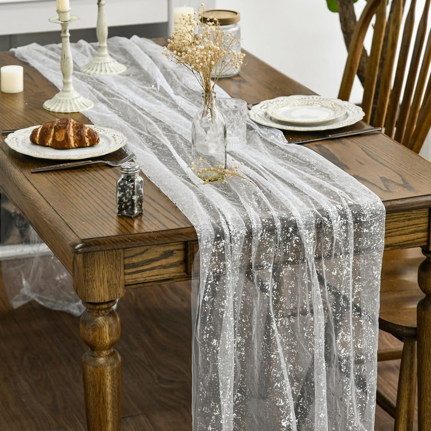 Artoid Mode 6Pcs White Silver Gauze Table Runner 120 Inch 10FT, Glitter Metallic Foil Sheer Dining Wedding Anniversary Holiday Birthday Table Decor for Home Party