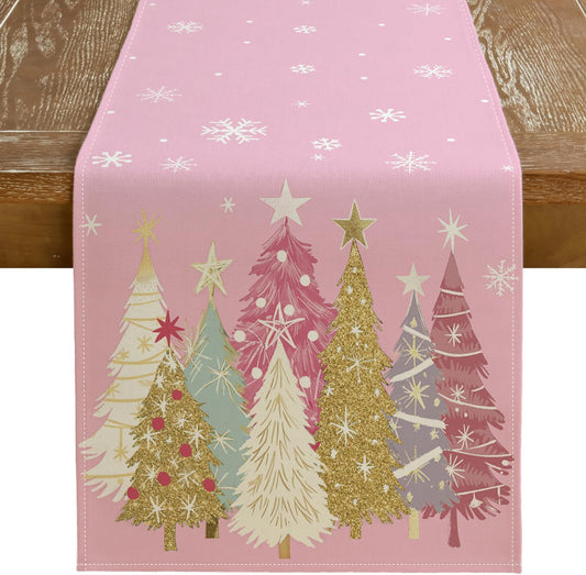 GEEORY Christmas Table Runner 13x90 Inch, Xmas Trees Snowflakes Holiday Decorative Farmhouse Table Decoration for Kitchen Dinning, Indoor Outdoor Dinner Party Decor (Pink) GT153-90